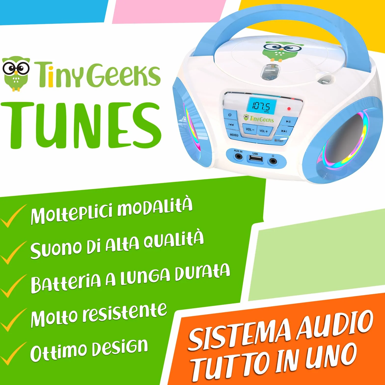 TinyGeeks Tunes CD PLAYER - NUOVO + Radio FM + Batterie incluse + LETTORE CD BAMBINI con altoparlanti + Regalo perfetto per bambini - Bianca