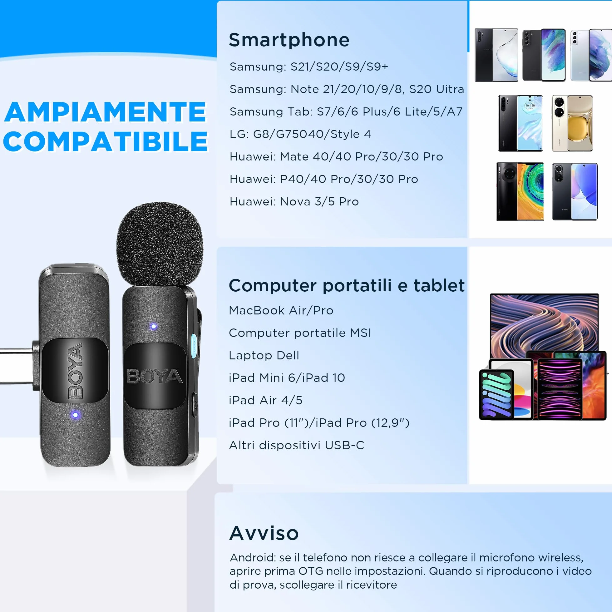 BOYA BY-V10 Microfono Lavalier Wireless USB-C, Mini Microfono Lpel per Smartphone iPhone 15/Android/Microfono Vlog Tipo-C per Youtube Podcast Facebook Vlogging Registrazione Video