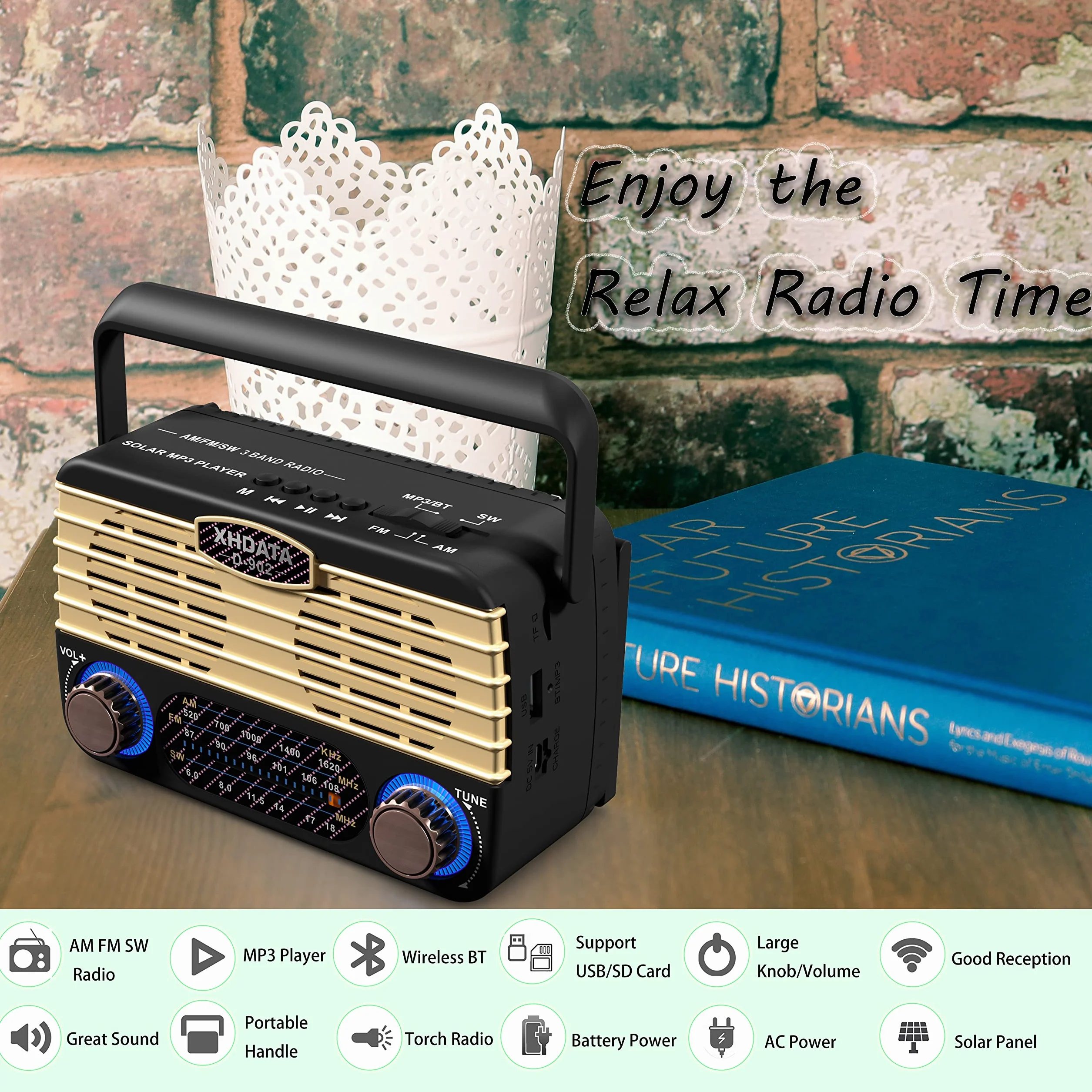 XHDATA D902 Radio Vintage Portatile Ricaricabile FM/AM/SW Tascabile Bluetooth MP3 Player