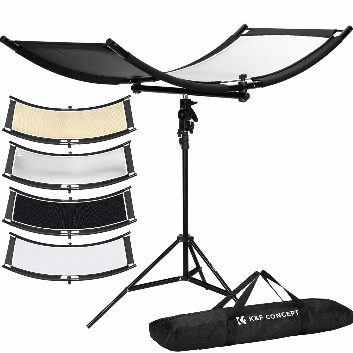 K&F CONCEPT Riflettore curvo U-Reflector 100x45cm con riflettore 4 in 1, nero/oro/bianco/argento, con supporto da 1,5 m, con custodia, adatto per studi fotografici