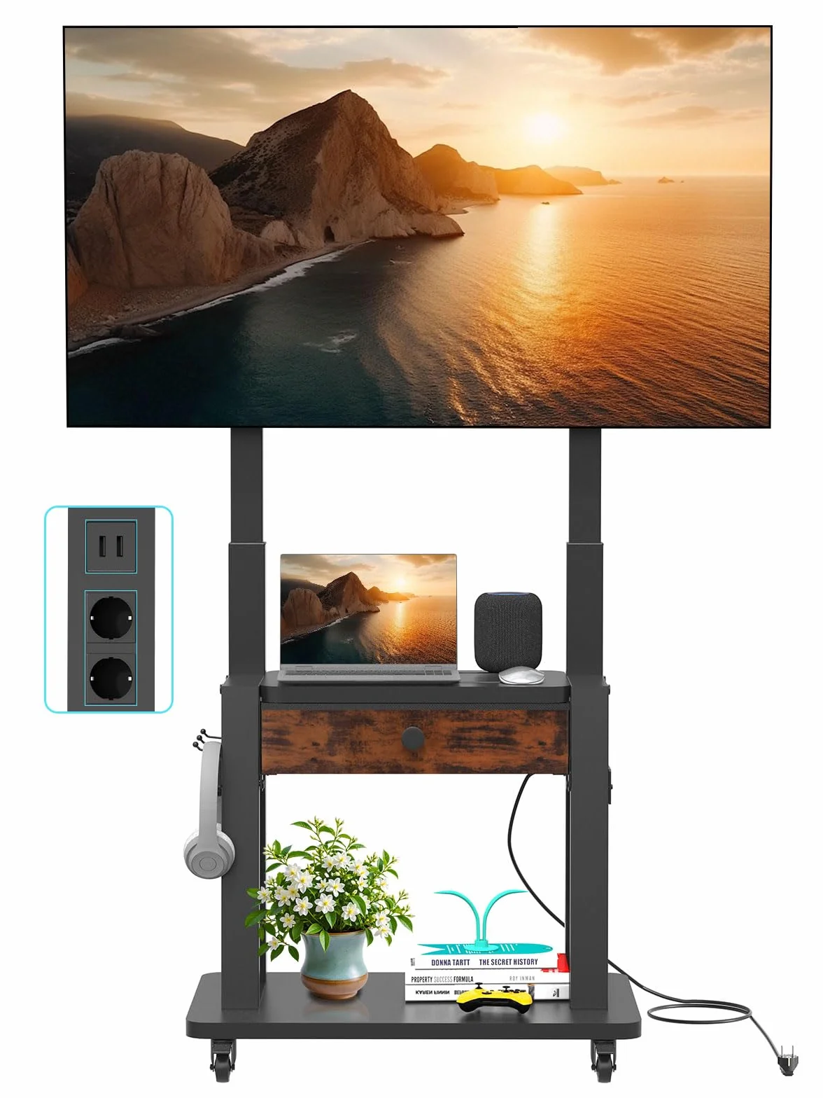 Supporto TV con cassetto in tessuto, per schermo piatto/curvo da 32"-75", fino a 200 libbre LCD/LED/OLED, carrello per TV mobile con ruote per casa ufficio all'aperto Max VESA 600 x 400 mm