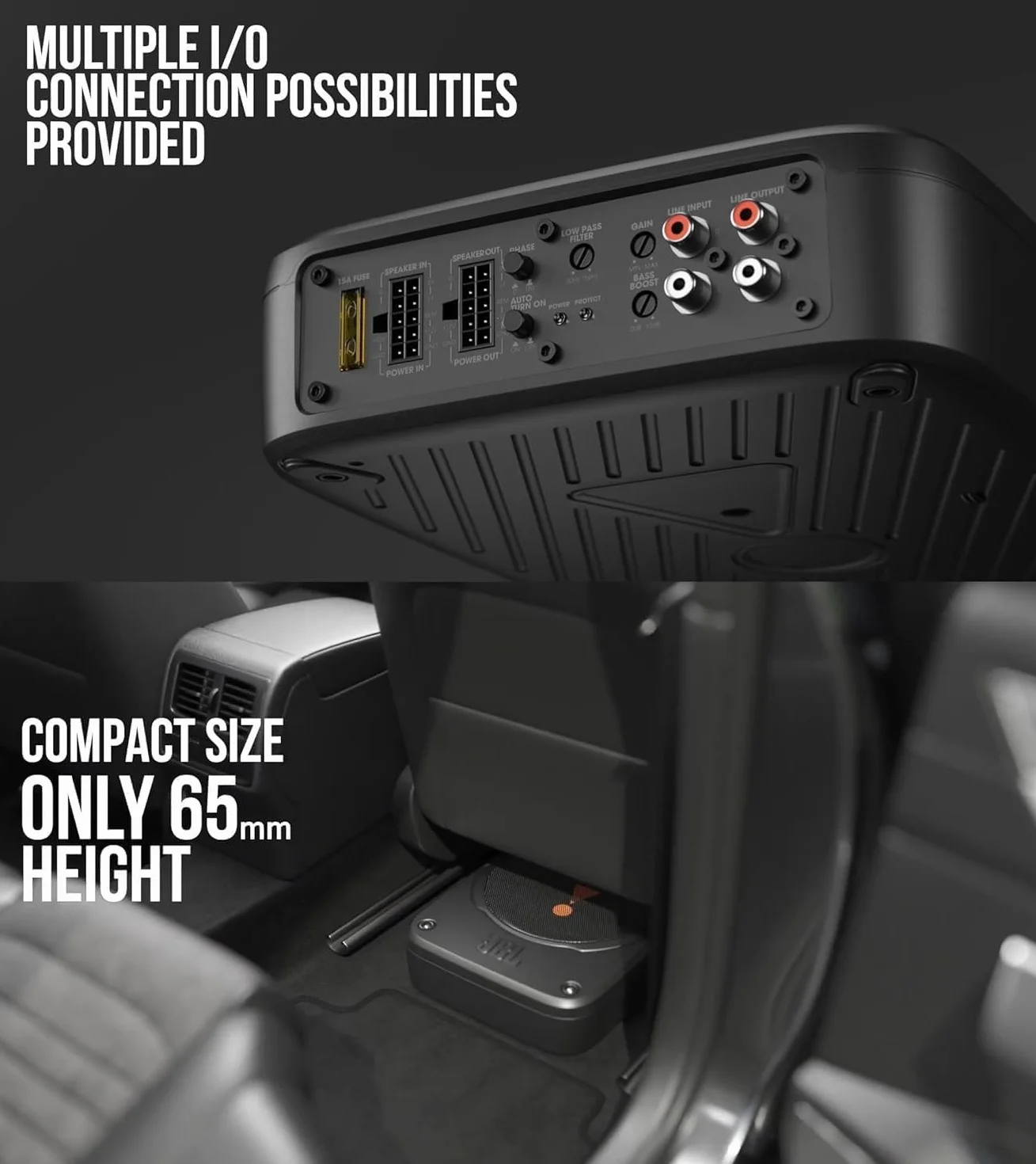 JBL BassPro Lite: Subwoofer Attivo Auto Ultra-Compatto con Amplificatore Integrato da 100 watt, Subwoofer Auto Amplificato sottosedile, Cabinet in Alluminio, Facile installazione e compatibilità