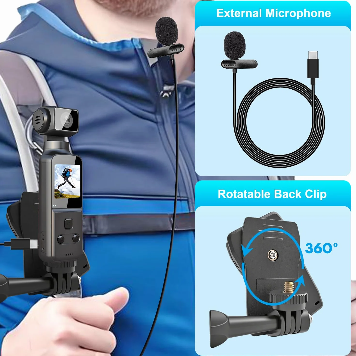 4K Bodycam, Vlog/POV Camera con Obiettivo Ruotabile 270°, Telecamera/Videocamera Portatile, Mini Action Cam con Microfono Esterno, Clip e Scheda TF da 64 GB