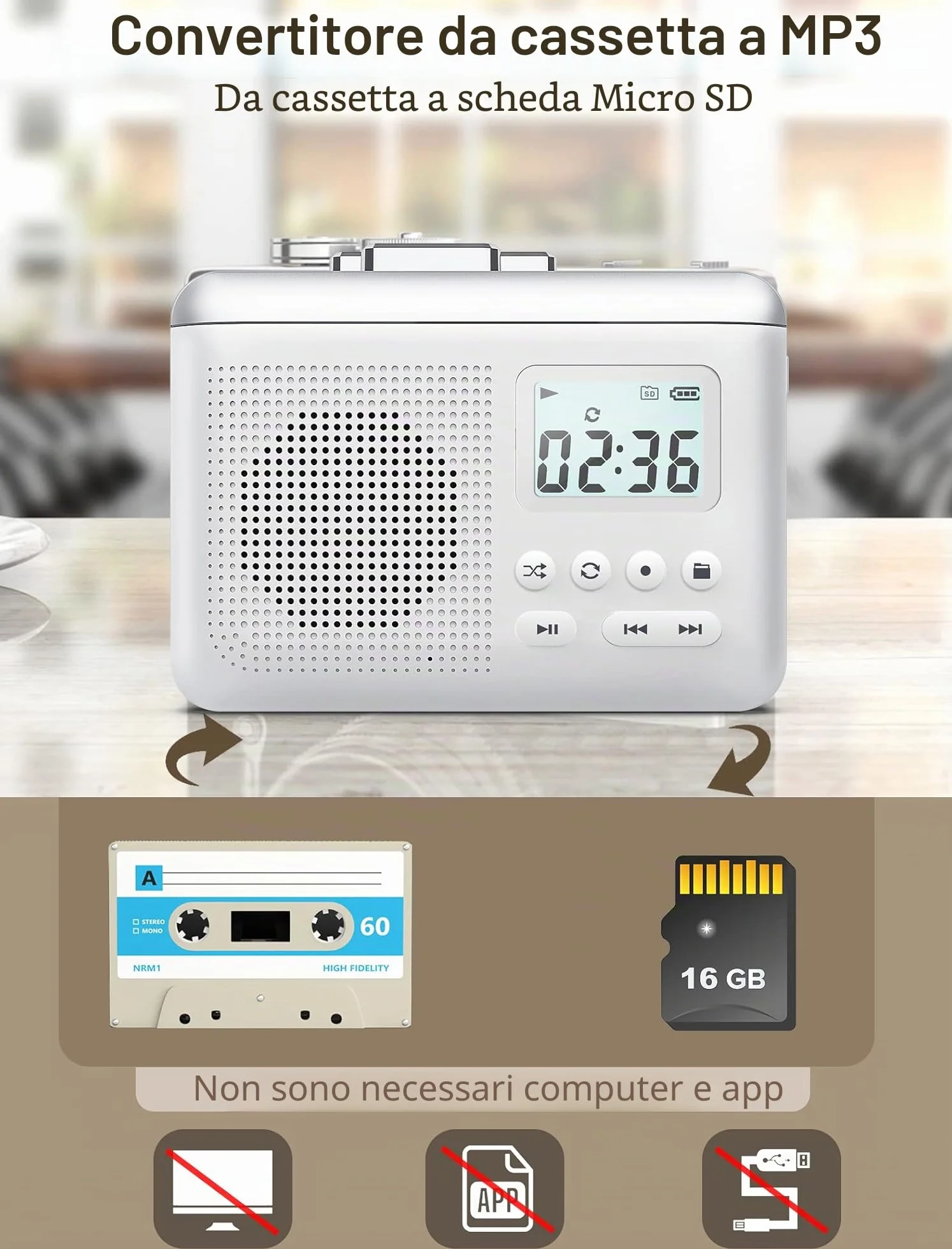 Gracioso Convertitore registratore portatile per cassette a MP3 con scheda SD, batteria ricaricabile 1000mAh, microfono e altoparlante integrati