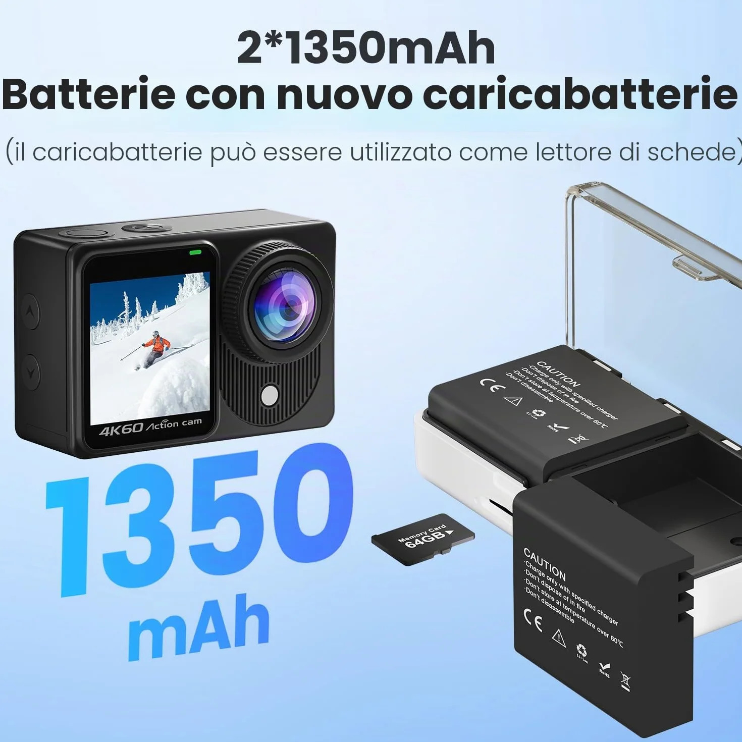 Dualscreen 4K60FPS Action Cam con scheda 64G, Fotocamera Subacquea 40M,48MP Touchscreen WiFi Videocamera con EIS, zoom 8X, impermeabile Telecamera Sportiva con 2 batterie da 1350 mAh