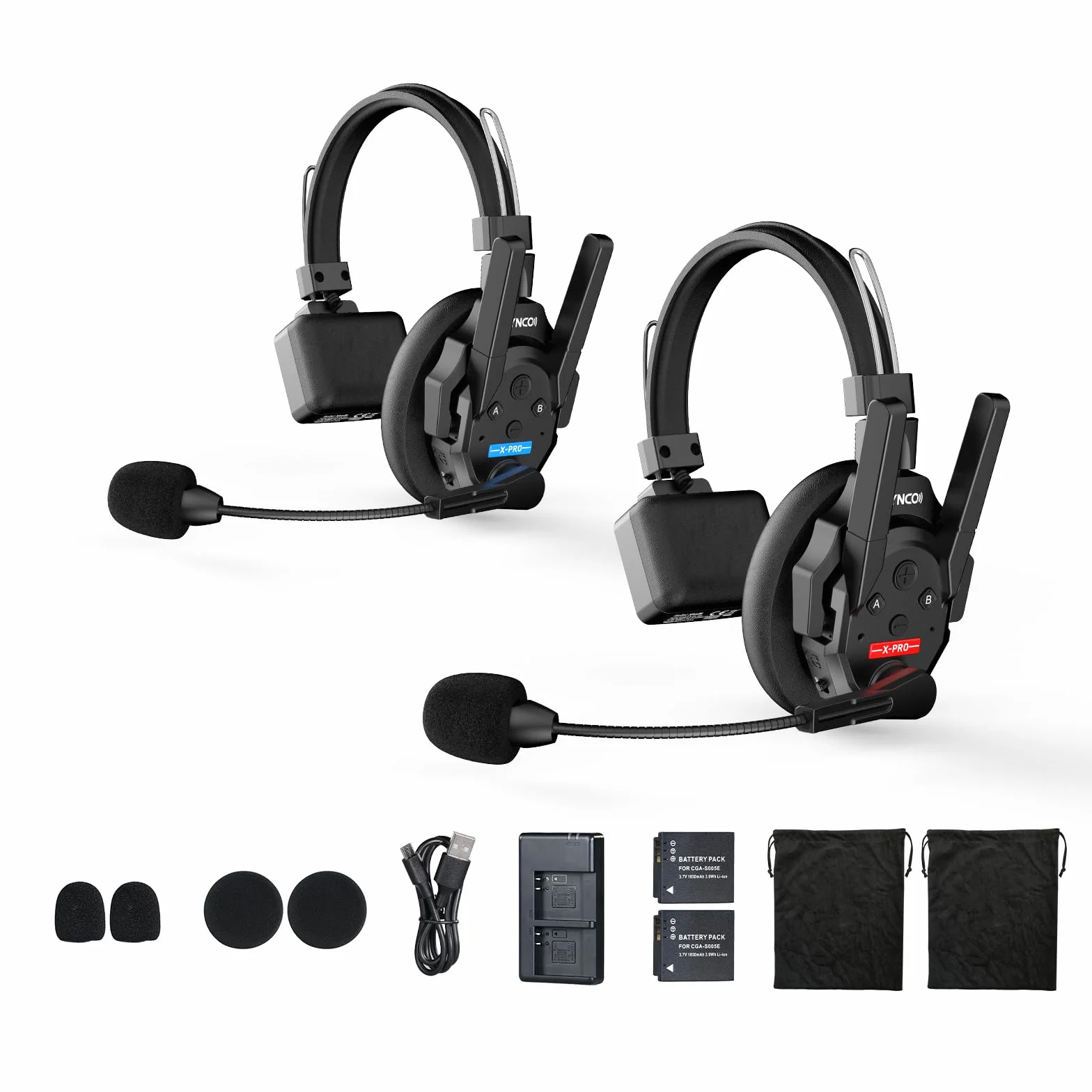 SYNCO XTALK XPRO2 Cuffie Intercom Wireless, 2.4GHz Doppia Antenna Interfono Full Duplex 2 Persone Comunicazione 500m 24 Ore con Riduzione Rumore Per Regista e Team (2pcs)