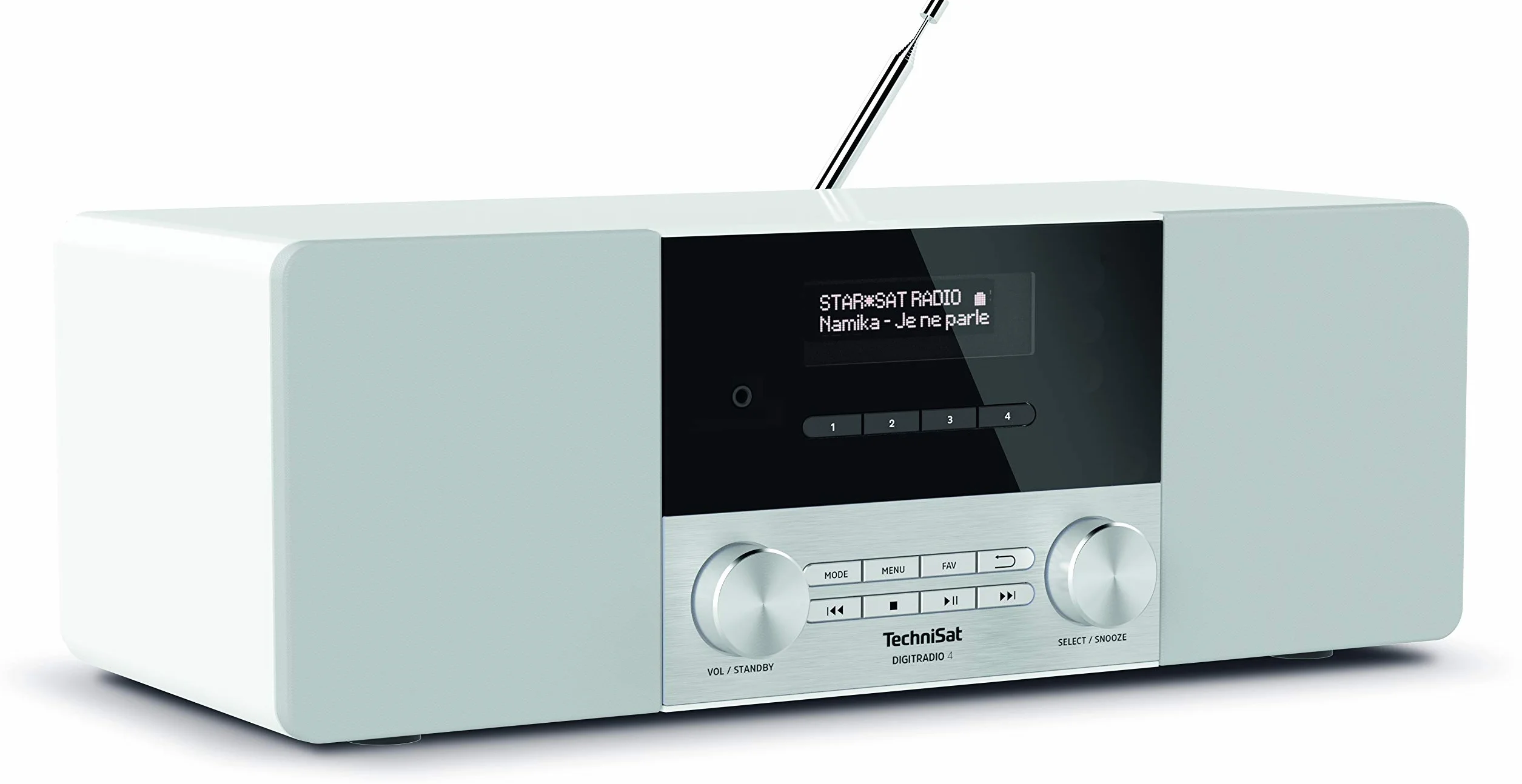 TechniSat DIGITRADIO 4 - Radio DAB stereo (DAB+, FM, streaming audio Bluetooth (ricezione), presa per cuffie, ingresso AUX, radiosveglia, display OLED, 20 watt RMS, altoparlante Elac) bianco