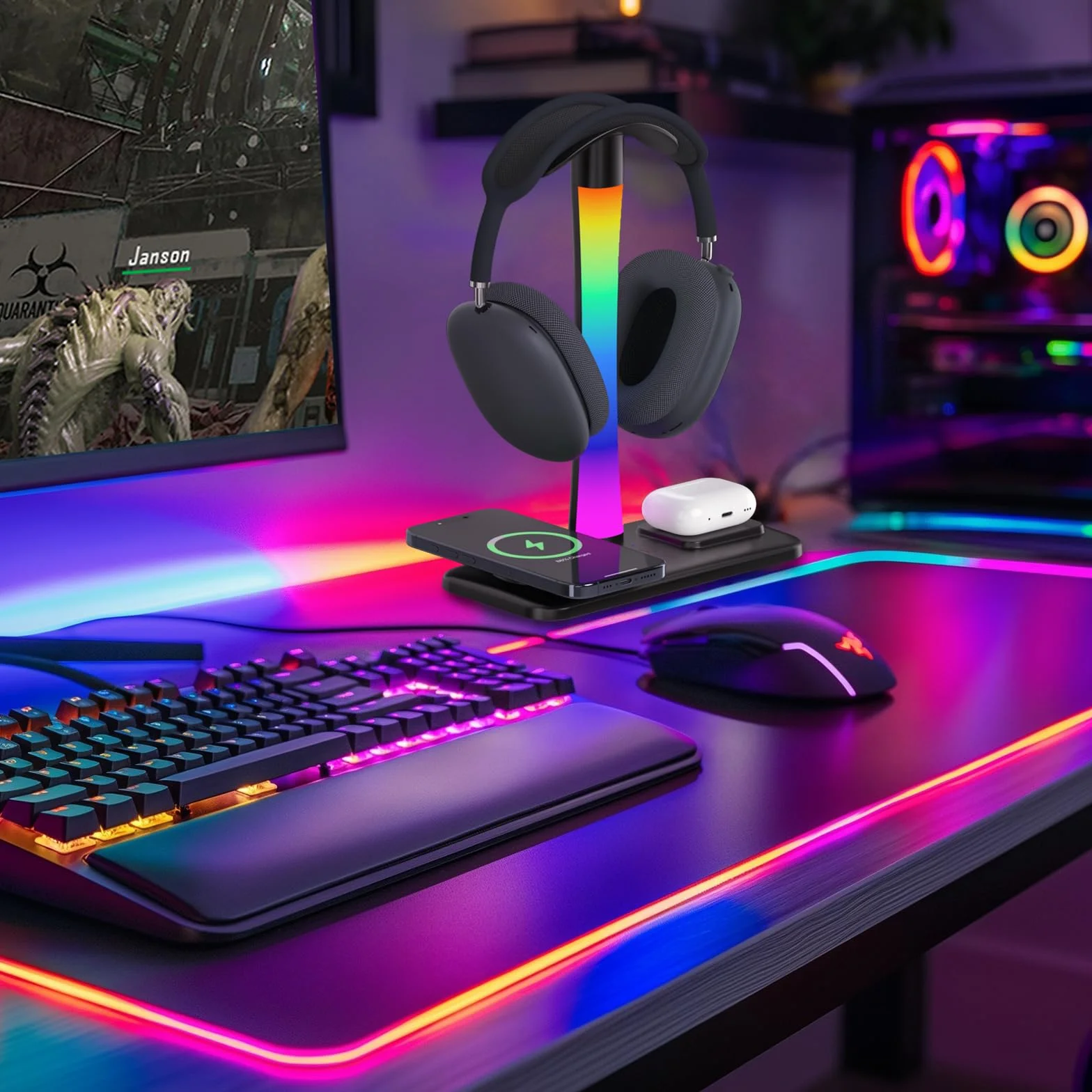Supporto Per Cuffie con Caricabatterie Wireless,Suppor to Per Cuffie Da Gioco con Luce RGB,Supporto Per Airpod Max Compatibile con Airpod Pro/3/2,iPhone 16/15/14/13/12/11,Regali per Uomini Do (Nero)