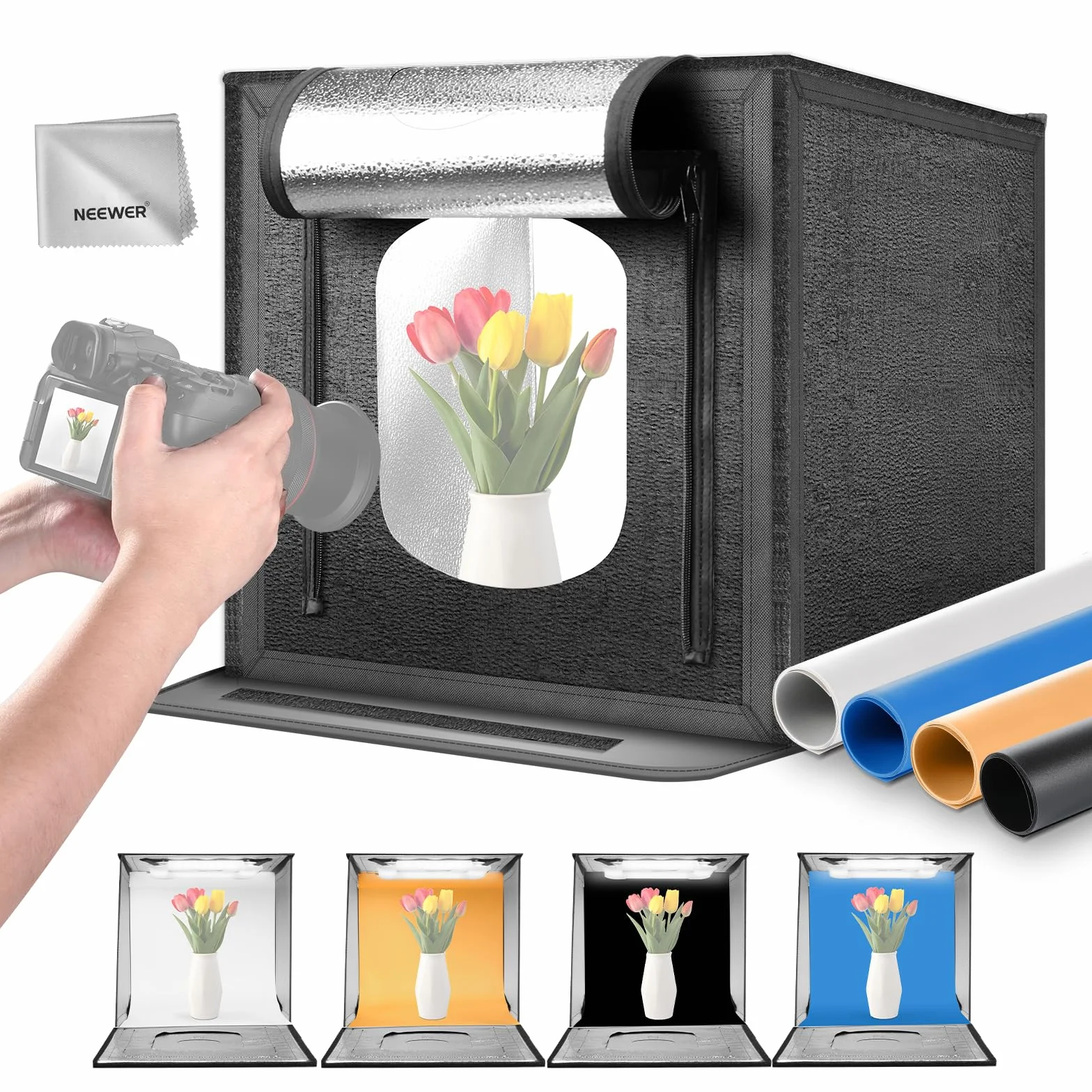 NEEWER Box Fotografico Studio Light Aggiornato 60x60cm Antiriflesso 4 Sfondi Colorati Panno Pulizia 160 LED 5600K CRI97+ Mini Scatola Fotografica da Tavolo per Foto Gioielli Elettronica Prodotti,LP60