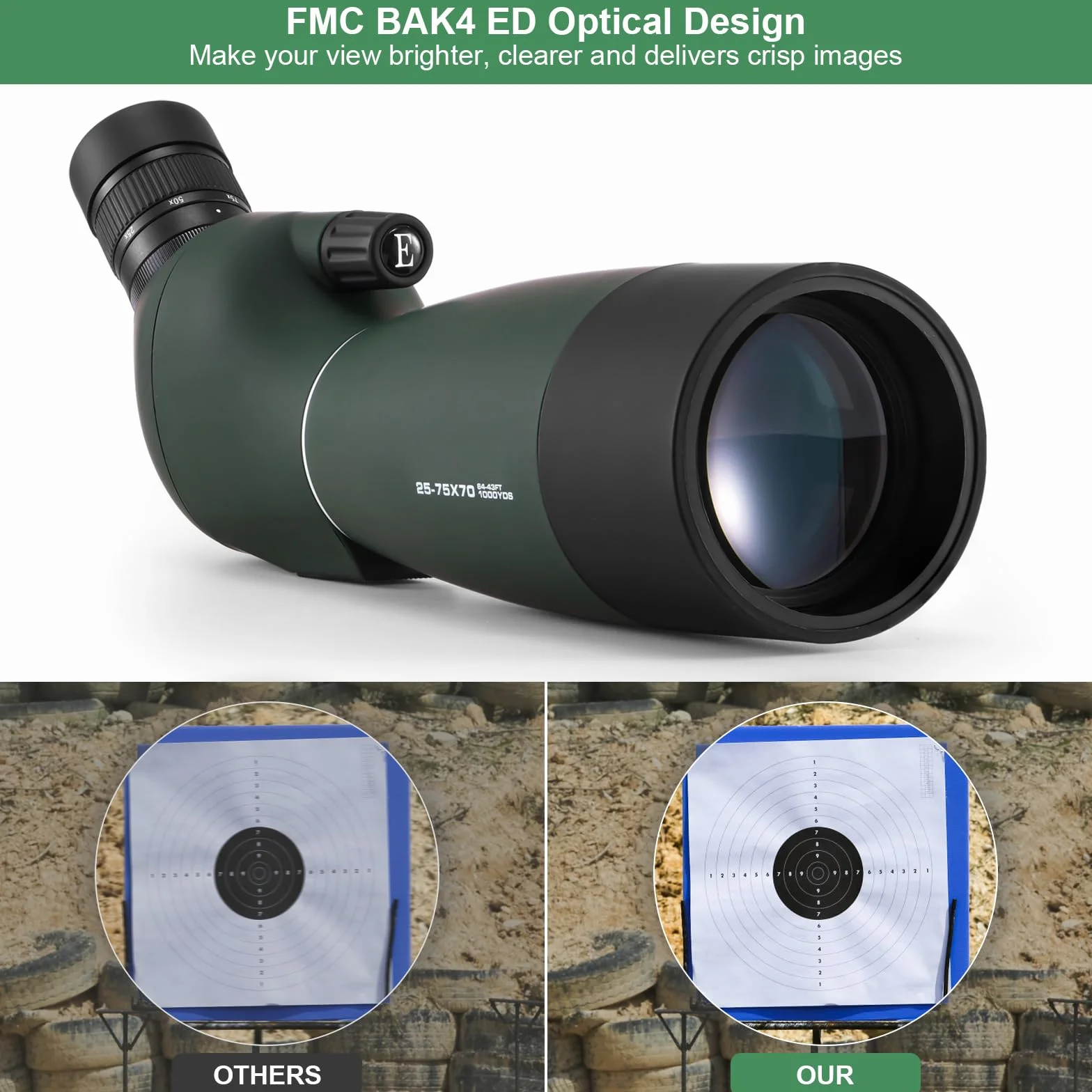 Cannocchiale con Treppiede, 25-75x70 Telescopio Spotting Scope, FMC Ottica Bak4 Prisma HD Cannocchiale con Smartphone Treppiedi con Smartphone Adapter per Tiro a Segno, Birdwatching