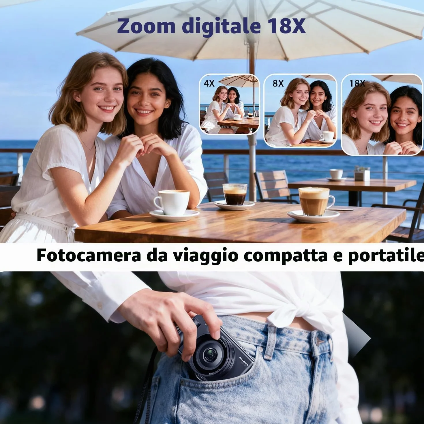 Fotocamera Digitale 4K, 72MP Autofocus Macchina Fotografica Digitale Compatta per Vlogging con Zoom Digitale 18X, Schermo Ribaltabile 270° Digital Camera con scheda da 64GB, Batteria