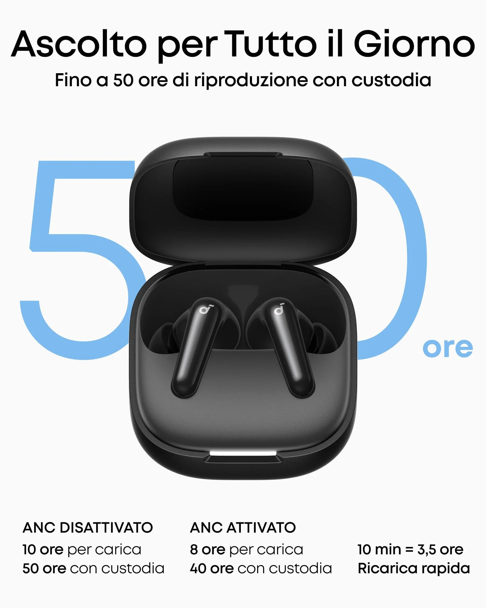Soundcore P31i di Anker, Cancellazione adattiva rumore in tempo reale, Audio HR, Auricolari BT wireless con funzione di traduzione, 50 ore di autonomia, Cuffie BT
