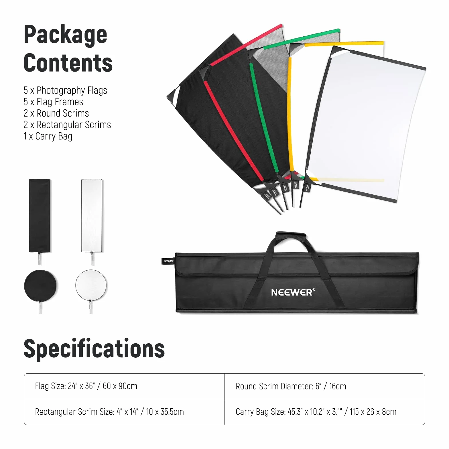 NEEWER SF6090F 5 in 1 Kit Bandiera Pieghevole per Fotografia, Riflettore, Modificatore di Luce per Effetti Morbidi, Diffusivi e luminosi, Borsa per il trasporto inclusa
