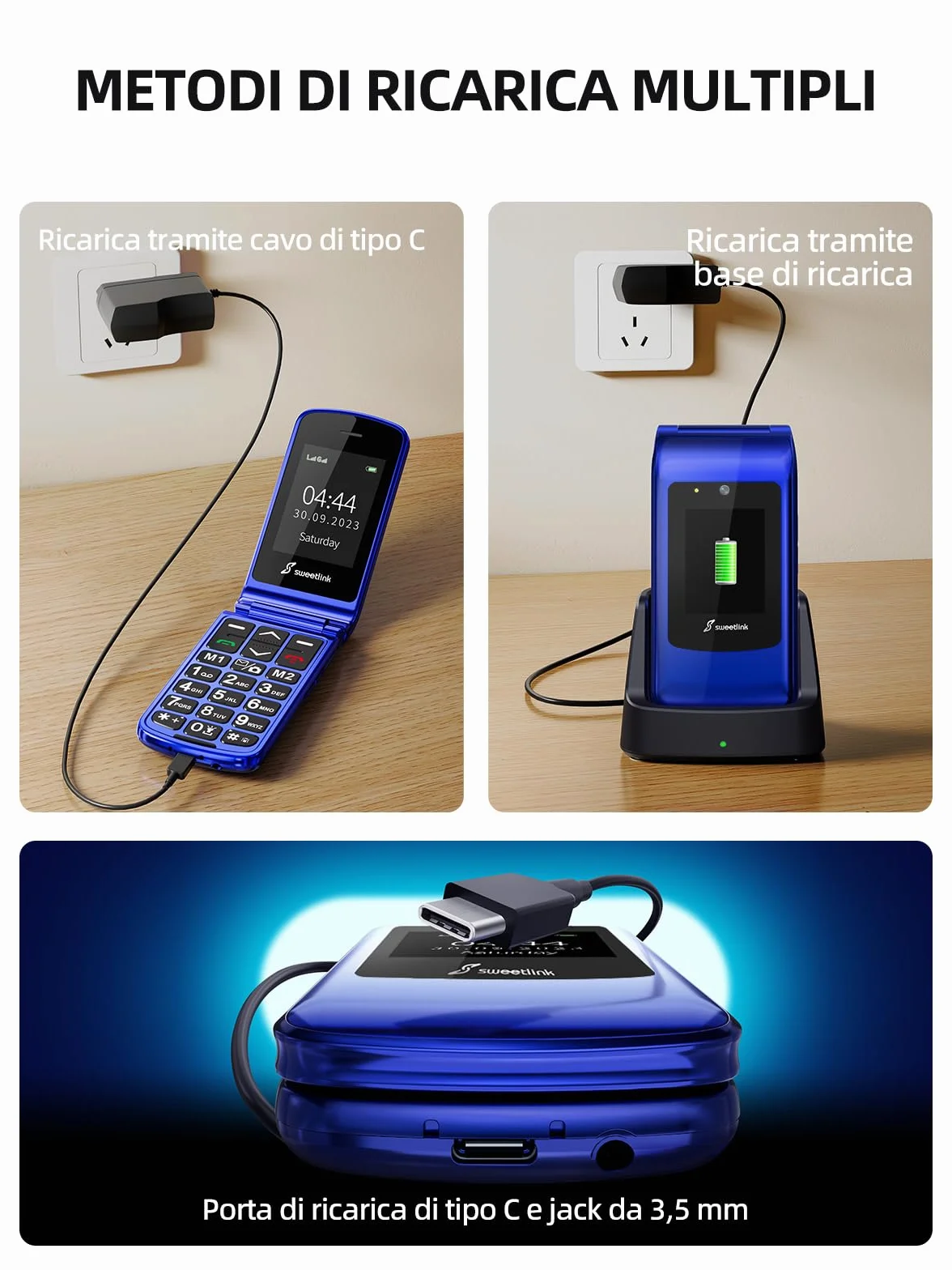 SweetLink F2 Plus Telefono Cellulare per Anziani, Flip Cellulare Anziani con Tasti Grandi, Contatti con Immagini, Base di Ricarica, Volume Alto, Funzione SOS, Doppia SIM,Pantalla 2.4", Blu