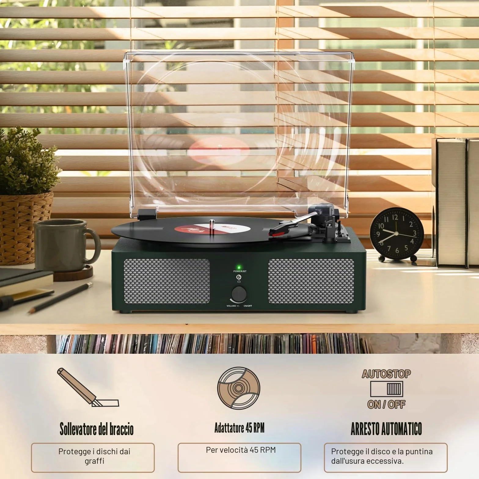 Udreamer Giradischi Bluetooth con Altoparlanti Integrati, Fonografo Vintage 3 Velocità, Verde