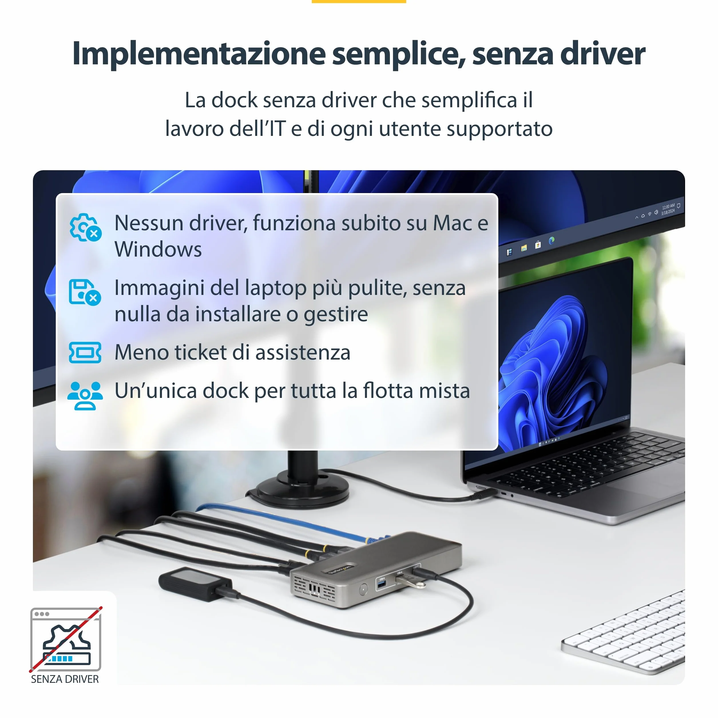 StarTech Docking Station USB4, Doppio Monitor 4K senza Driver per macOS e Windows, Dock USB-C Universale con Power Delivery da 100W per Laptop, Ethernet 2,5GbE