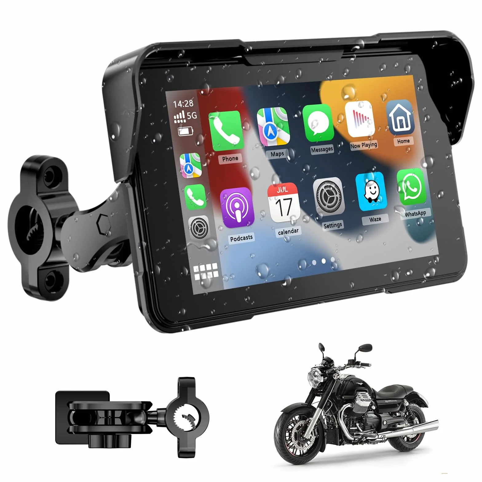 Navigatore Moto 5 Pollici Schermo Moto Carplay per Apple e Android Auto IP67 Impermeabile Touchscreen Bluetooth GPS