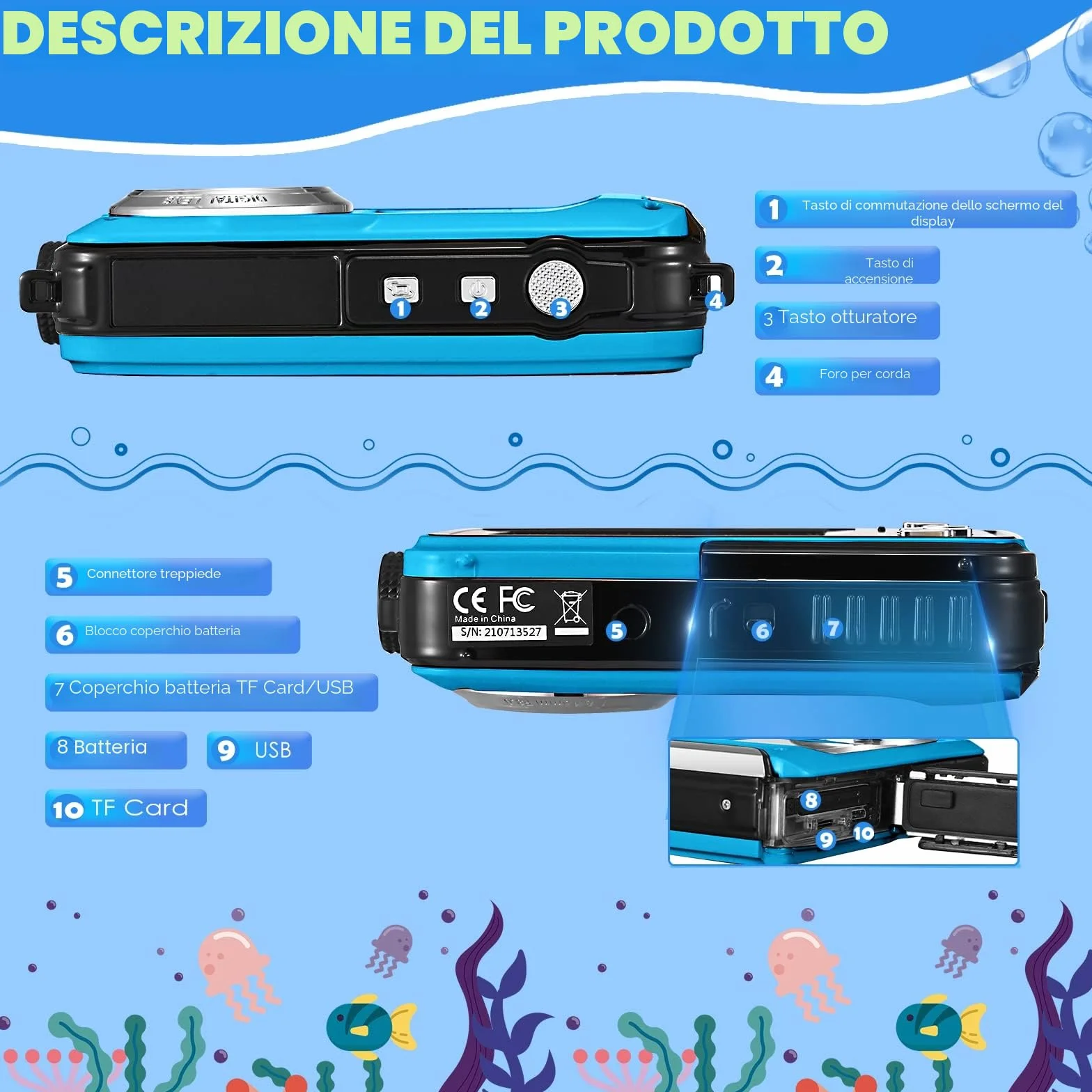 Fotocamera subacquea, Full HD 2.7K 24MP fotocamera digitale impermeabile, fotocamera compatta impermeabile 10FT, zoom digitale 16X, autofocus, fotocamera anti-shake per bambini, adolescenti