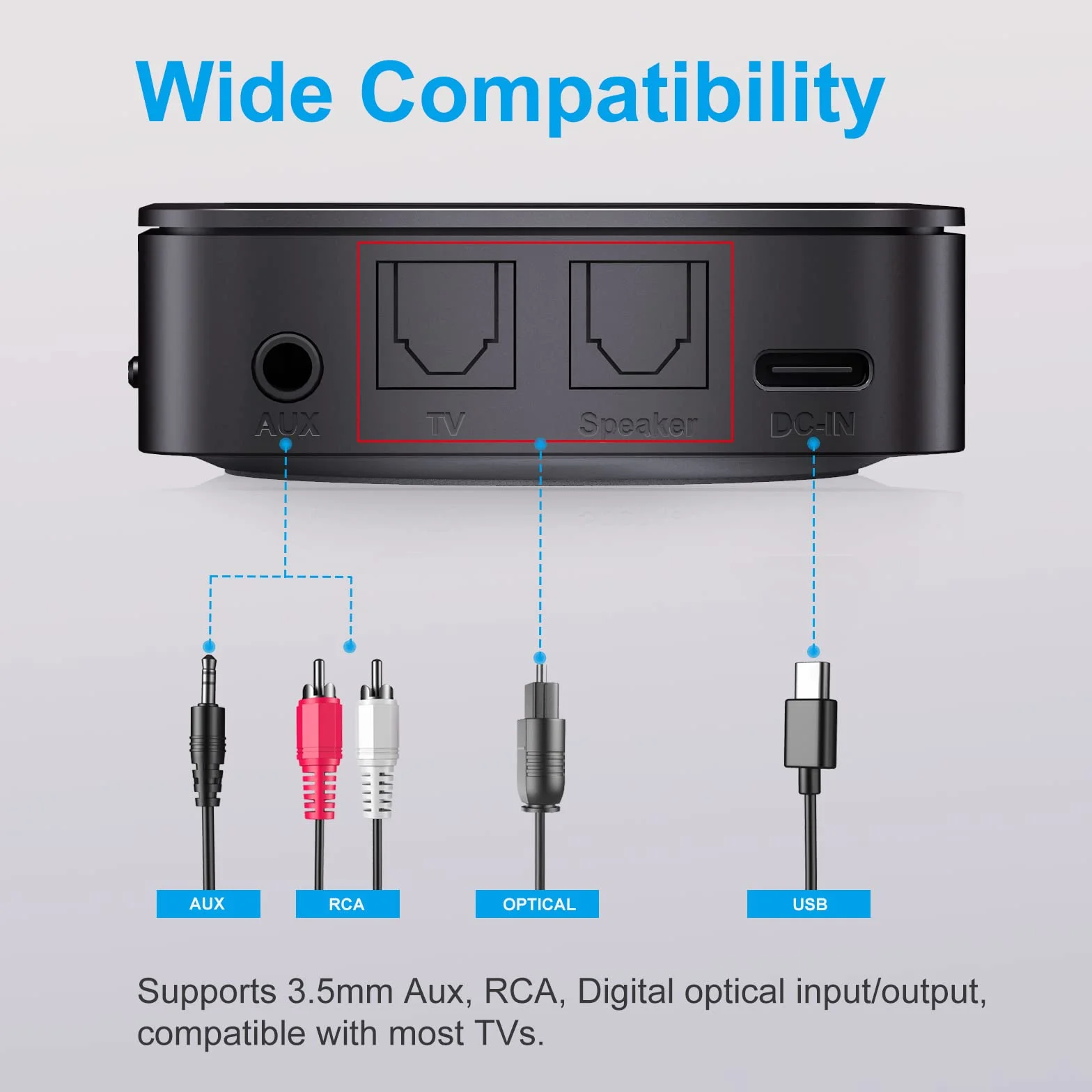 ZIOCOM Bluetooth 5.0 Trasmettitore Ricevitore, Adattatore Audio Wireless 2 in 1 per TV/PC/Casse e Impianto Stereo di Casa (Ottico, Aux 3,5 mm, RCA), Accoppia 2 Dispositivi Contemporaneamente