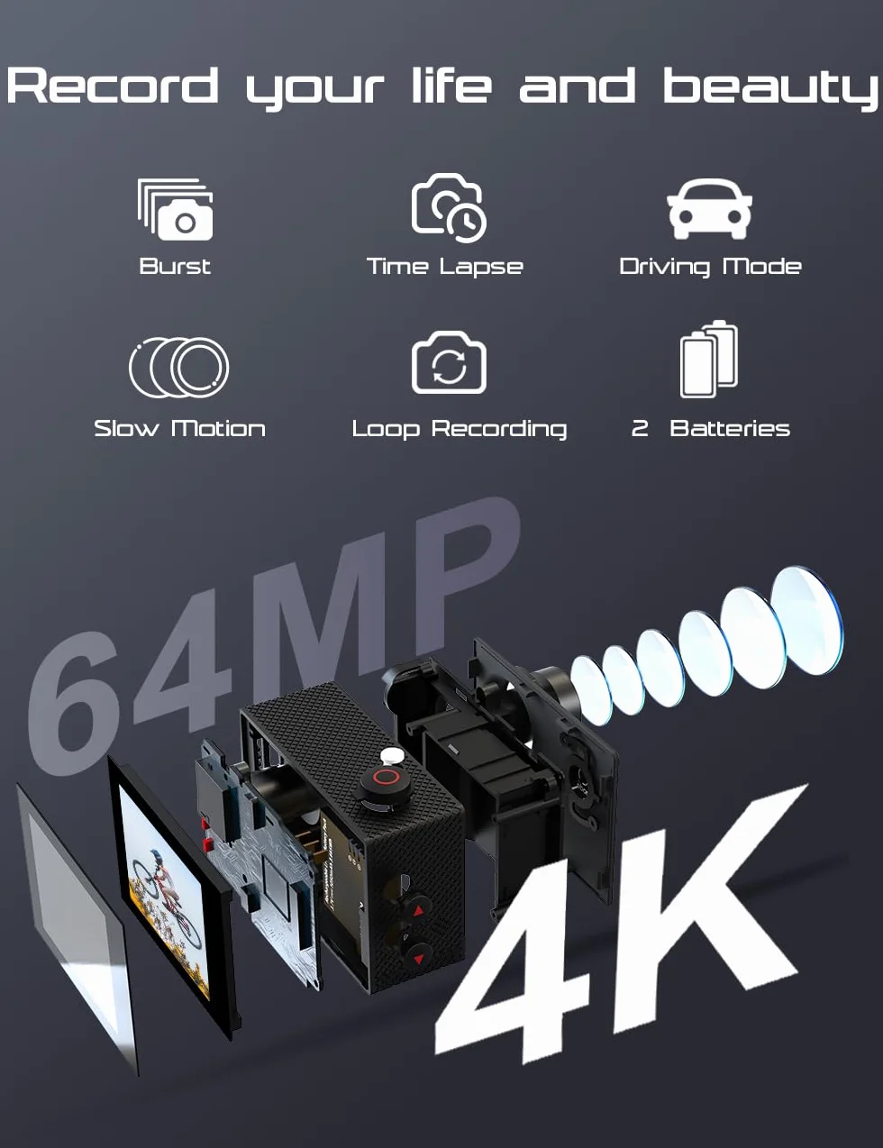 Apexcam 4K 60FPS EIS Action Cam 64MP WiFi Sports Camera Ultra HD Telecamera subacquea 40M Videocamera Impermeabile 2.4G Telecomando Time Lapse 2x1350mAh Batterie
