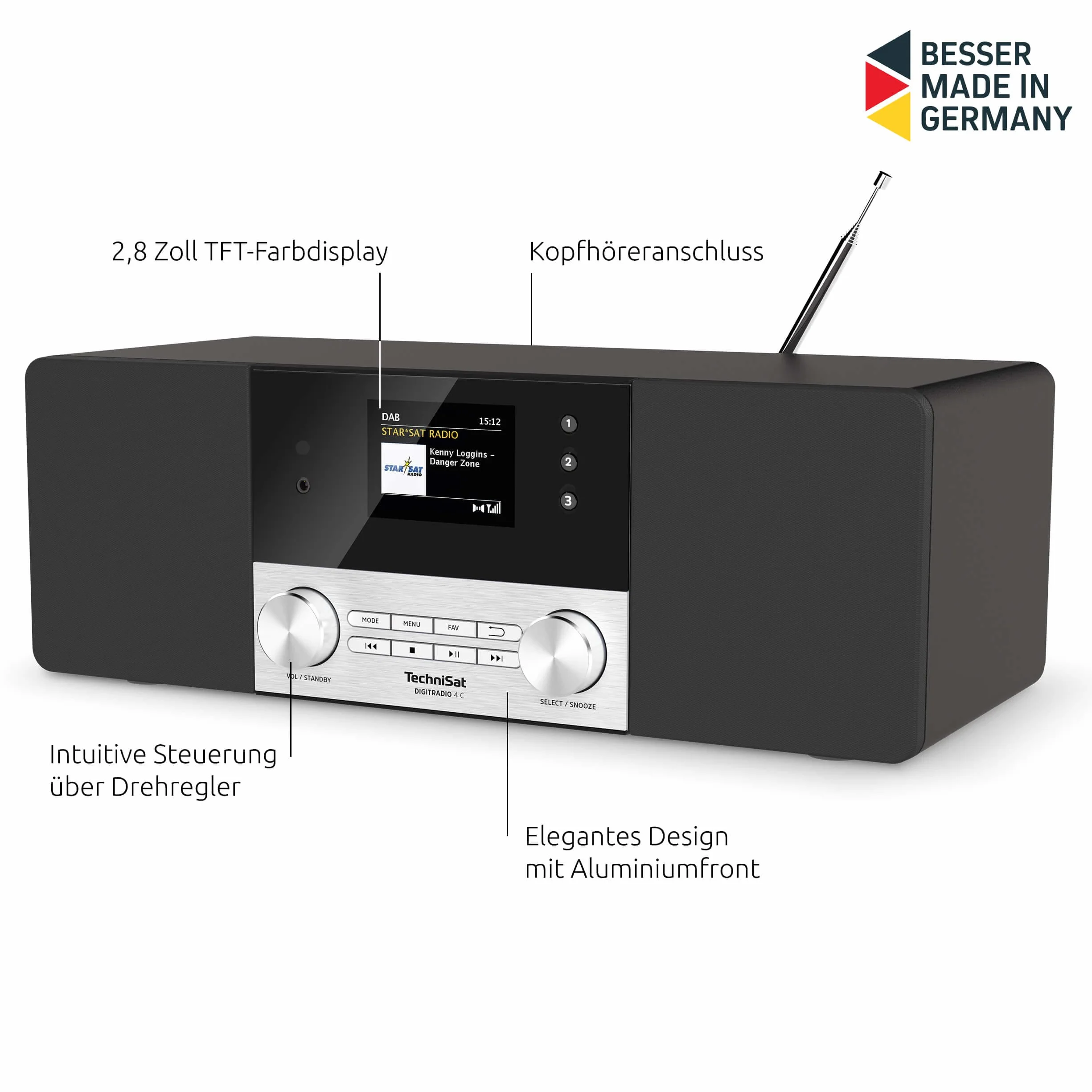 TechniSat DIGITRADIO 4 C - Radio digitale stereo (DAB+, FM, display a colori OLED, streaming audio Bluetooth, presa per cuffie, ingresso AUX, radiosveglia, 20 Watt RMS, altoparlante Elac) nero