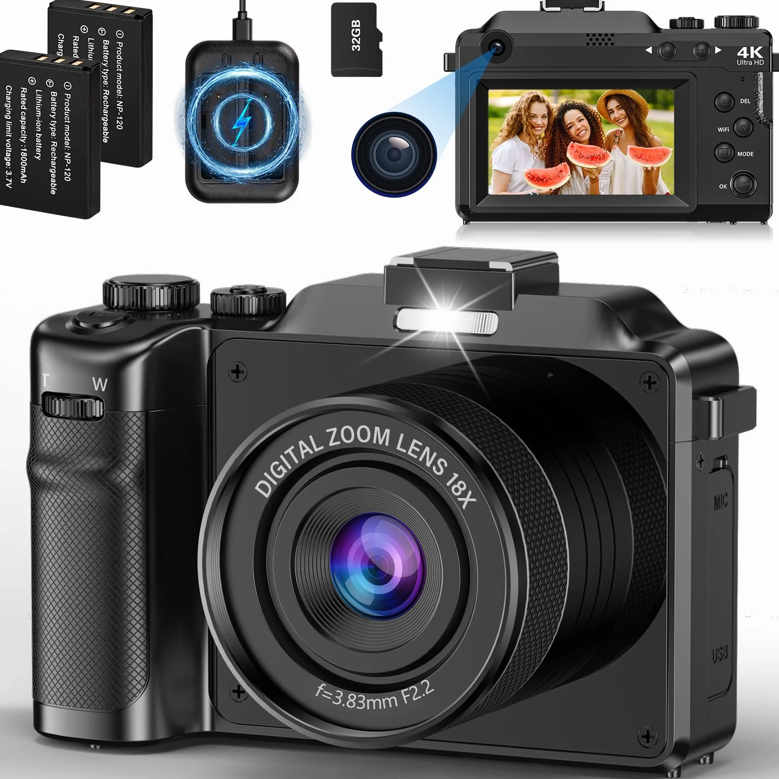 Macchina Fotografica 4K, 64MP 18X Fotocamera Digitale, 3'' Macchina Digitale Compatta Vlogging Camera con Scheda di Memoria da 32 GB Caricabatterie Lettore e 2 Batterie per Principianti