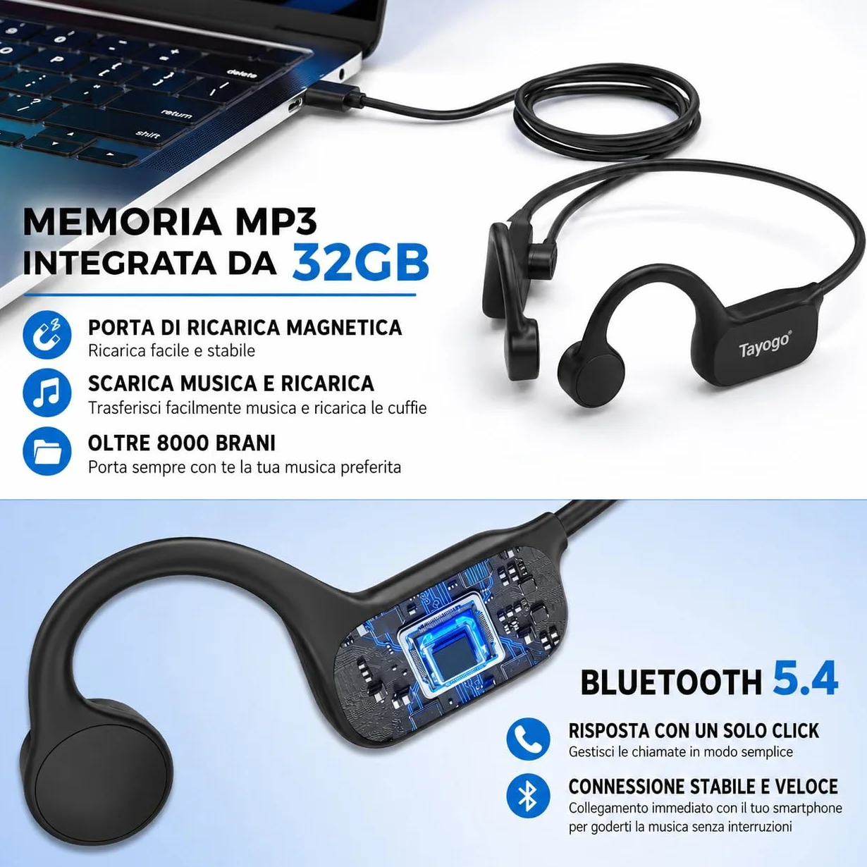 Tayogo Cuffie da Nuoto a Conduzione Ossea IPX8, Lettore MP3 Subacqueo 32GB e Bluetooth 5.4, Cuffie Impermeabili con Microfono per Chiamate, Piscina, Mare, Triathlon, Corsa e Sport, W26