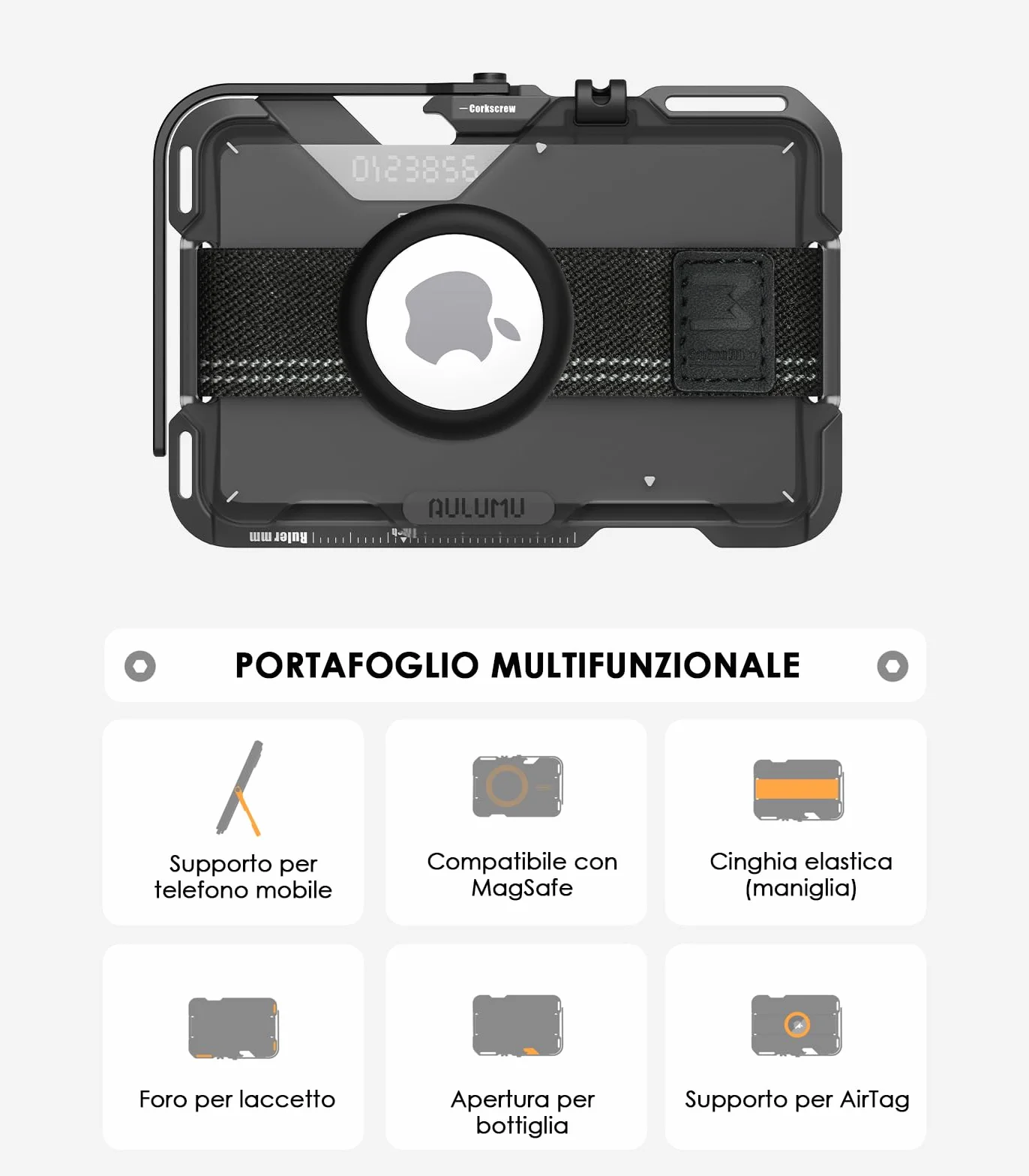 Aulumu G03 Custodia per carte da uomo | Compatibile con MagSafe | Multifunzionale Porta Carte con Fascia Elastica | Telefono Cellulare Supporto/Impugnatura | Apri Bottiglia |Schermatura RFID