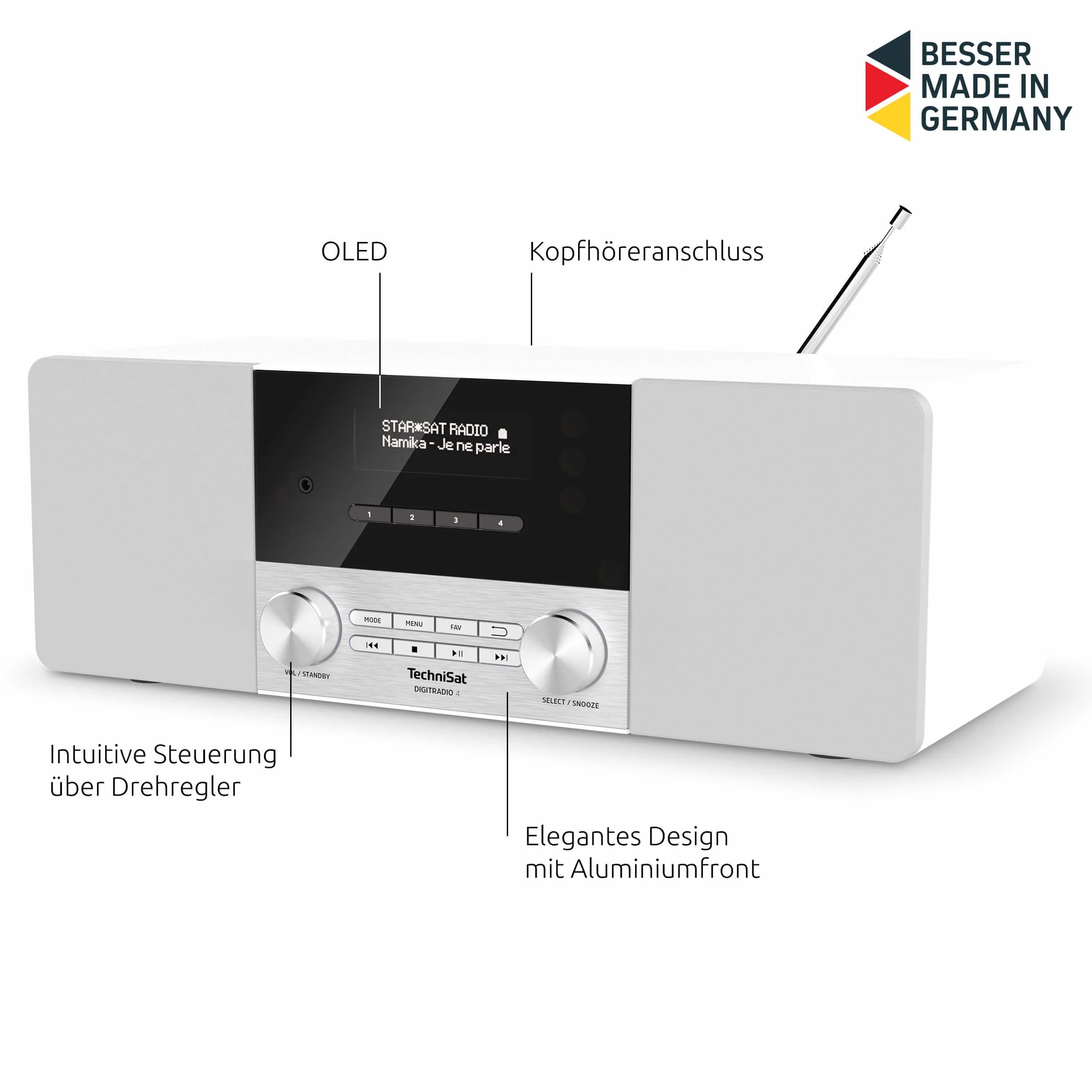 TechniSat DIGITRADIO 4 - Radio DAB stereo (DAB+, FM, streaming audio Bluetooth (ricezione), presa per cuffie, ingresso AUX, radiosveglia, display OLED, 20 watt RMS, altoparlante Elac) bianco
