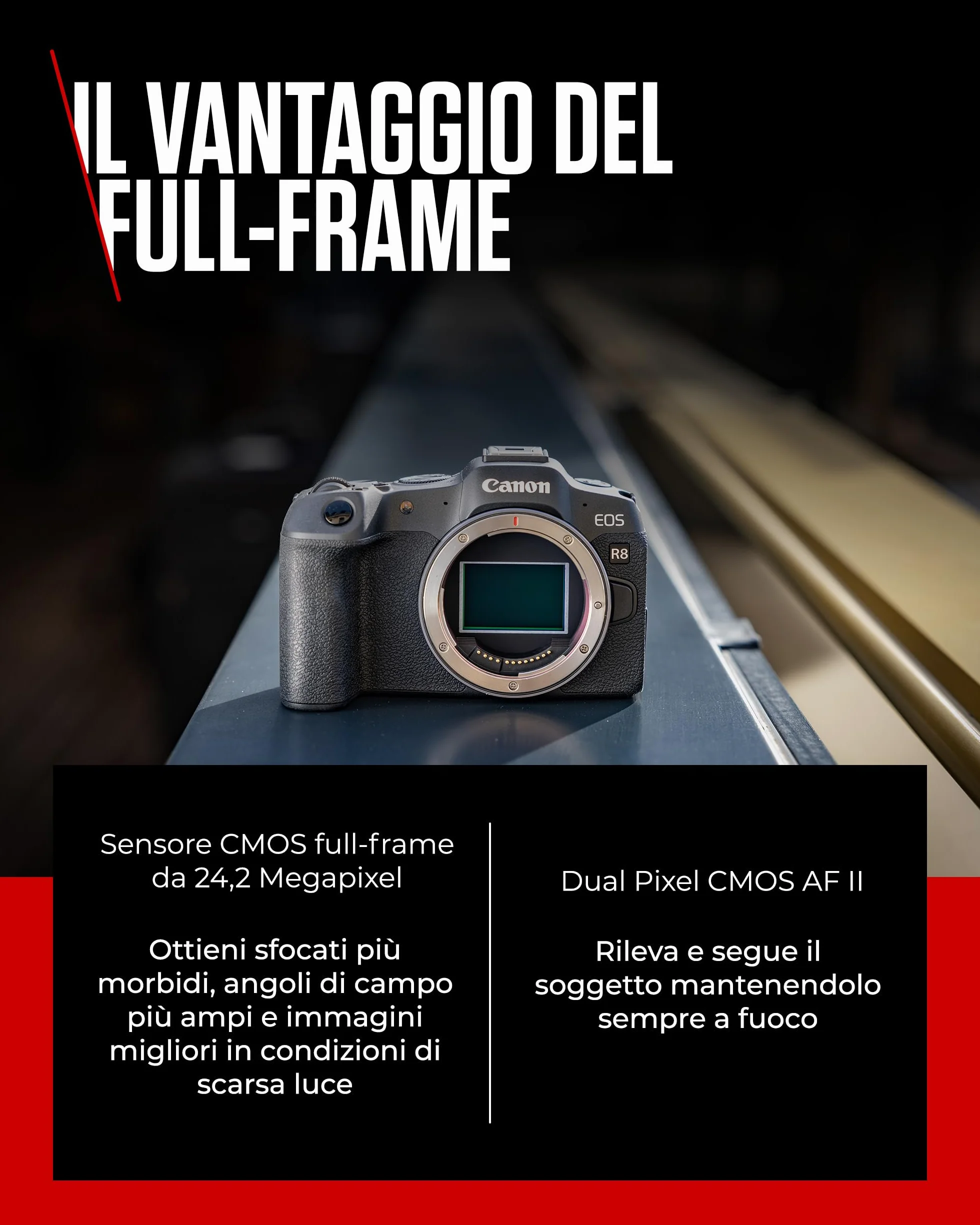 Canon EOS R8 (Corpo) – Macchina Fotografica Mirrorless Full Frame 24,2MP, Dual Pixel CMOS AF II - Videocamera 4k Fino a 60p - Scatto Continuo 40 fps – Schermo Direzionabile - Connettività Bluetooth