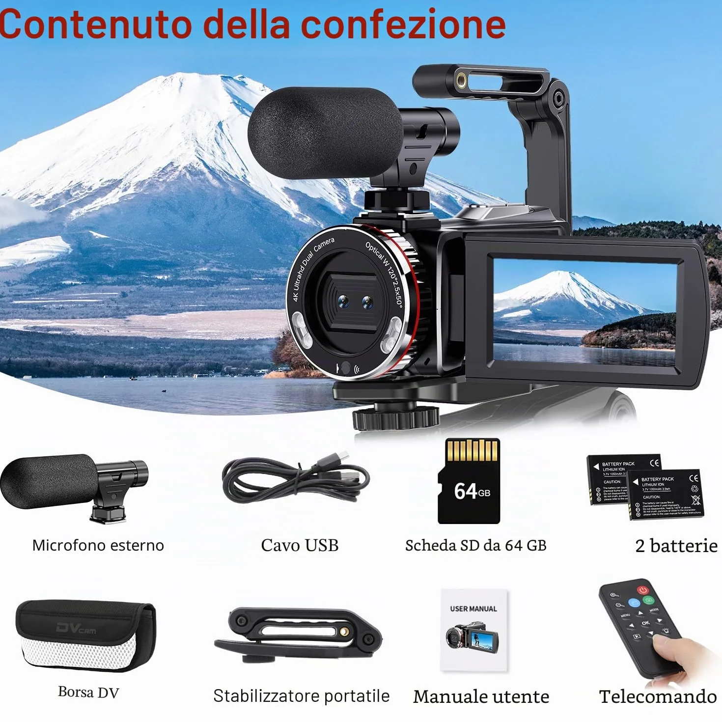 Videocamera 4K 64MP per YouTube, Dual Camera 3" Screen Girevole a 270°, Scheda 64GB, Microfono, Stabilizzatore, Telecomando, 2 Batterie