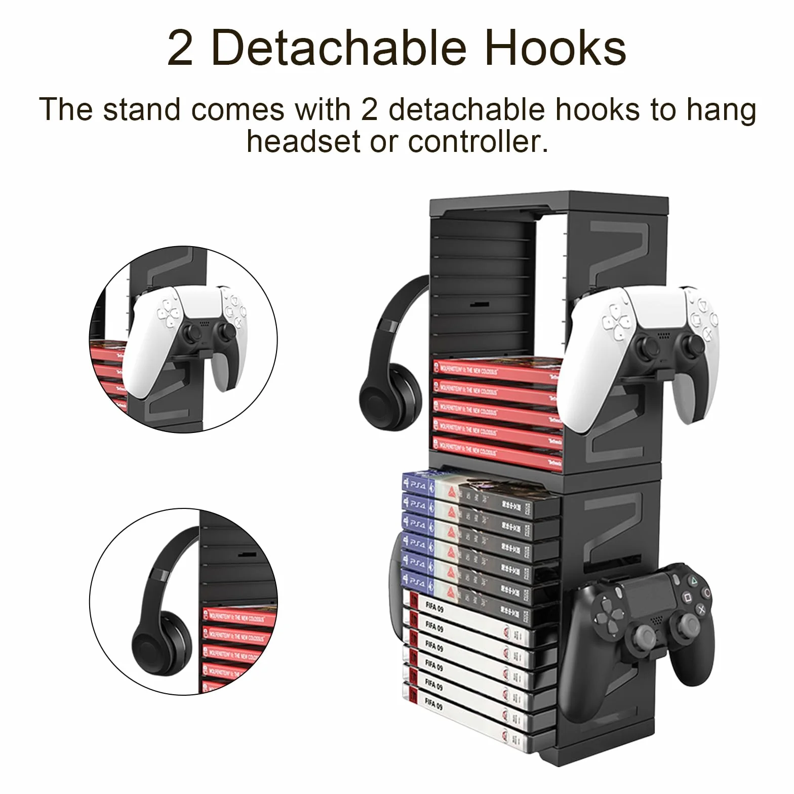 Torre di archiviazione universale per gioco e dischi Blu-Ray, scaffale per PS5/PS4/Xbox Series X/Xbox One/NS, con 24 gioco e 4 supporti per controller