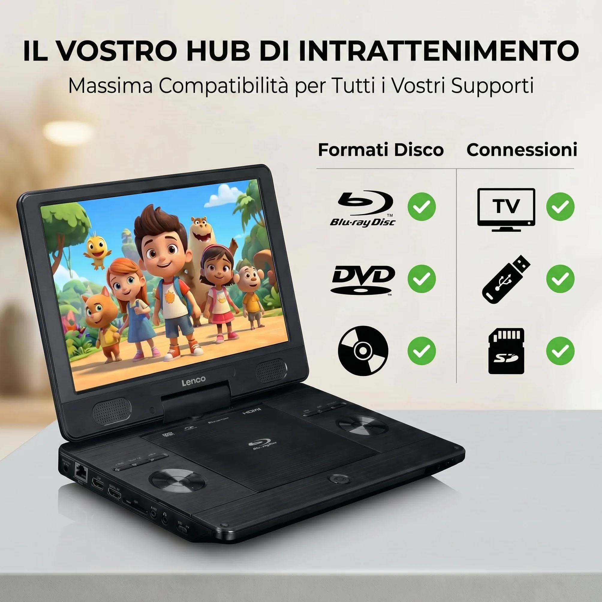 Lenco BRP-1150 Lettore DVD portatile Blu-Ray Schermo TFT 11,5" 1024x600 Pixel Batteria integrata Nero