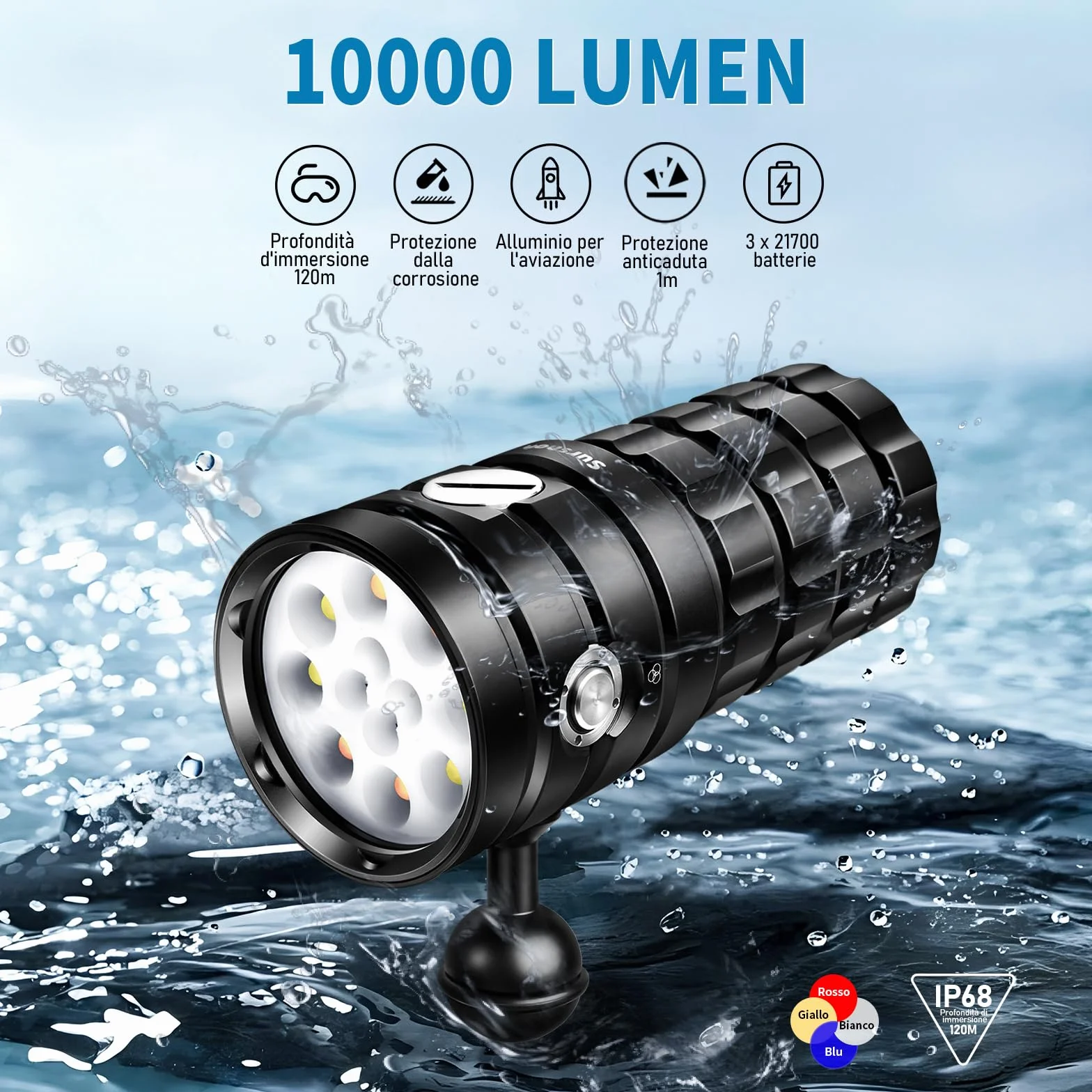 SR 10000 Lumens Torcia Subacquea Video - torcia subacquea professionale con 95 CRI, luce bianca 6500K, per immersioni/fotografia subacquea/videografia (impermeabile IP68, profondità 120m)