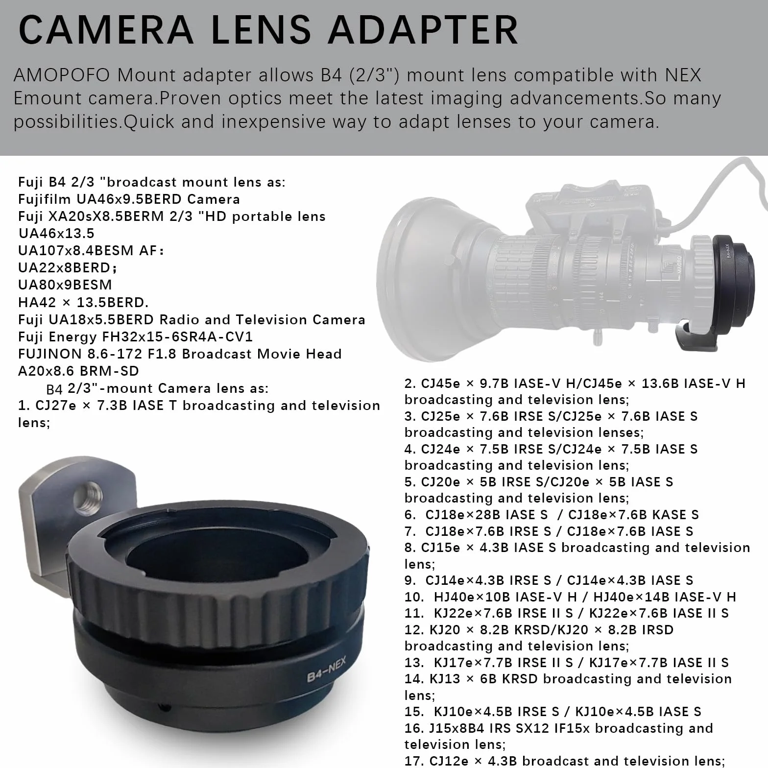 B4-NEX - Adattatore per obiettivo B4 2/3", compatibile con fotocamera Alpha E-Mount a7,a7S,a7II,NEX-3 NEX-5,NEX-C3,NEX-5N,NEX-7,NEX-F3,NEX-5R,NEX-6,B4 to NEX con treppiede