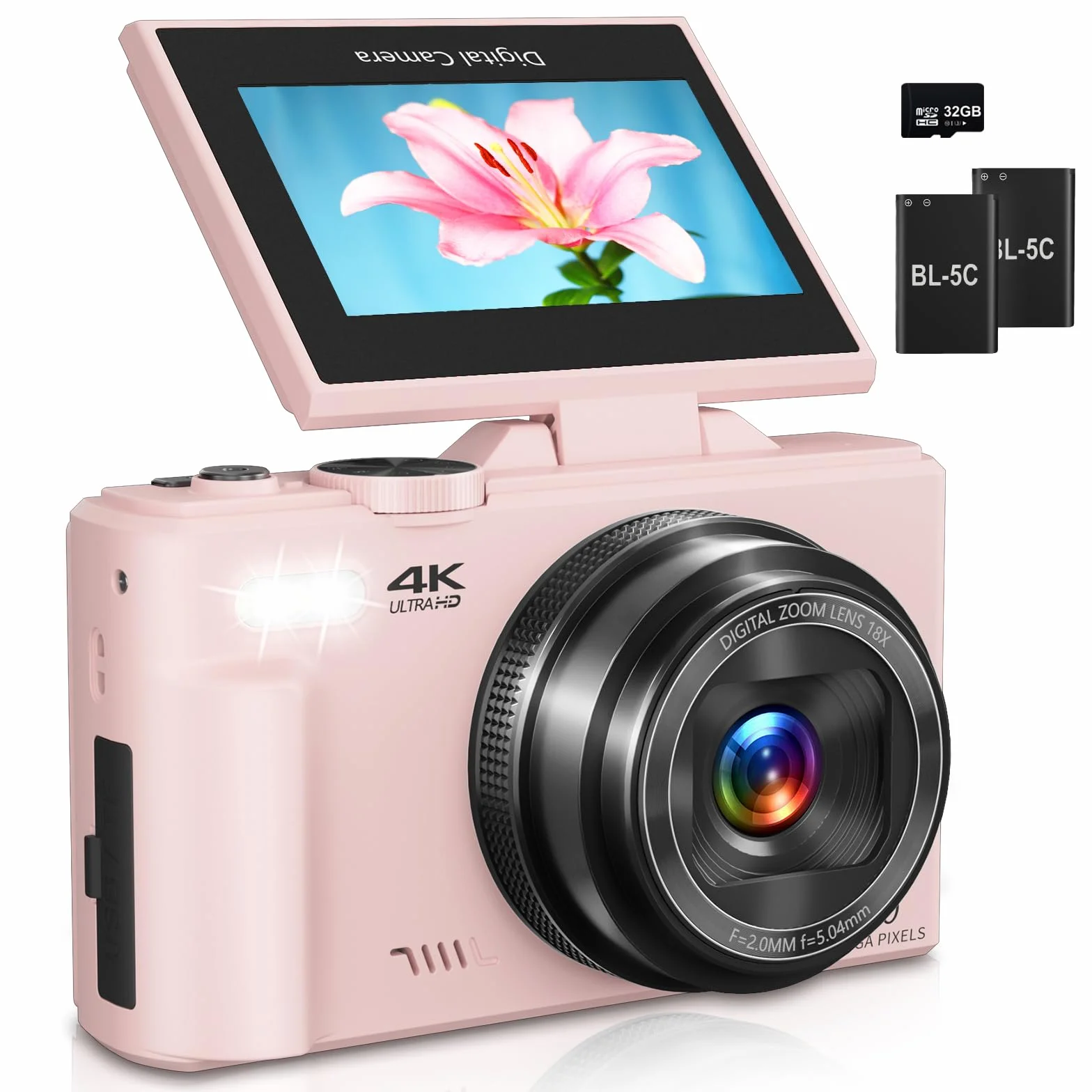 Fotocamera digitale per fotografia, 4K Vlogging Camera per YouTube 3 pollici 180° Flip Screen Zoom digitale 18X Fotocamera compatta con 32GB TF Card & 2 Batterie, Rosa