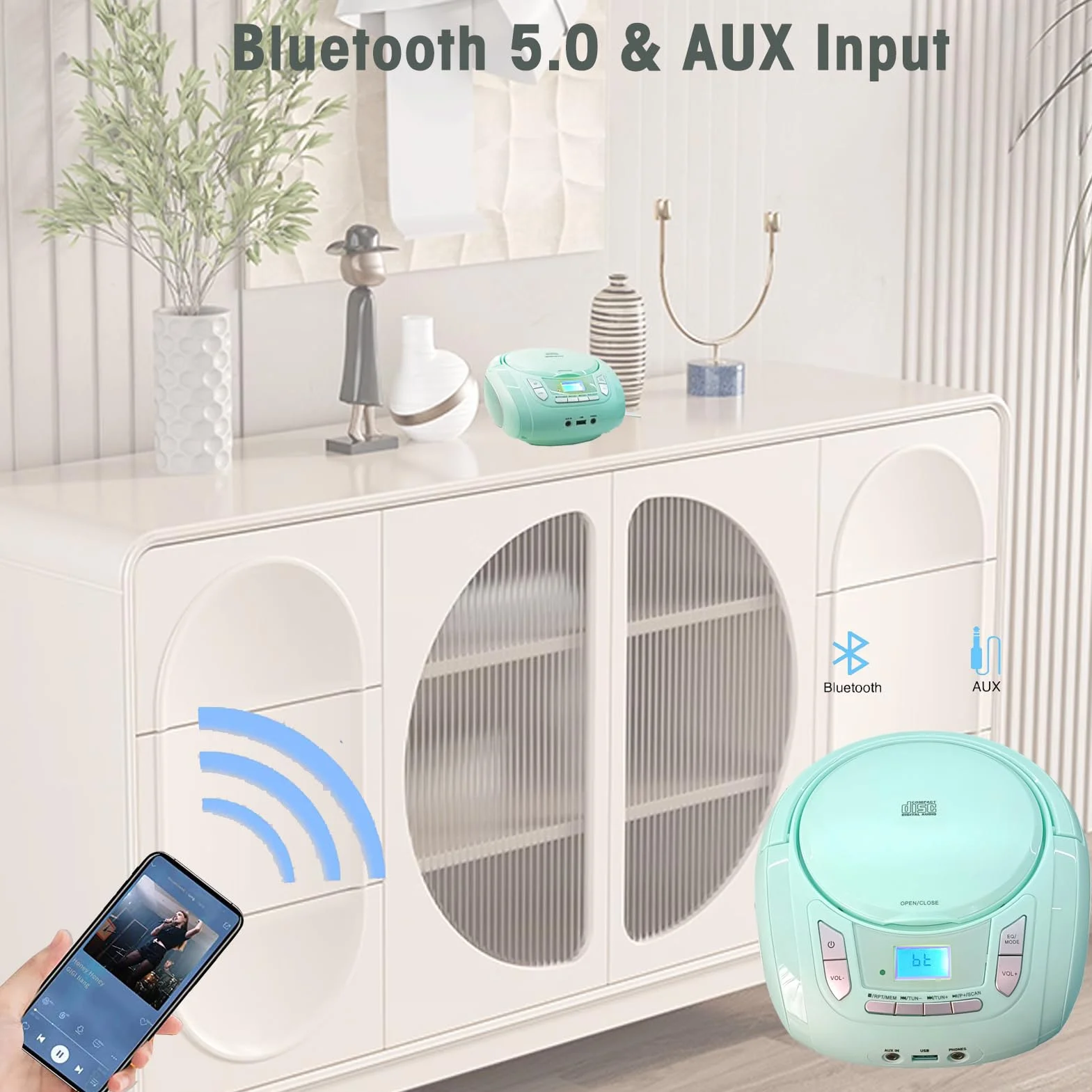 Lettore CD radio compatto con Bluetooth, radio FM, USB, AUX, jack per cuffie, CD-MP3, portatile Boombox (verde)
