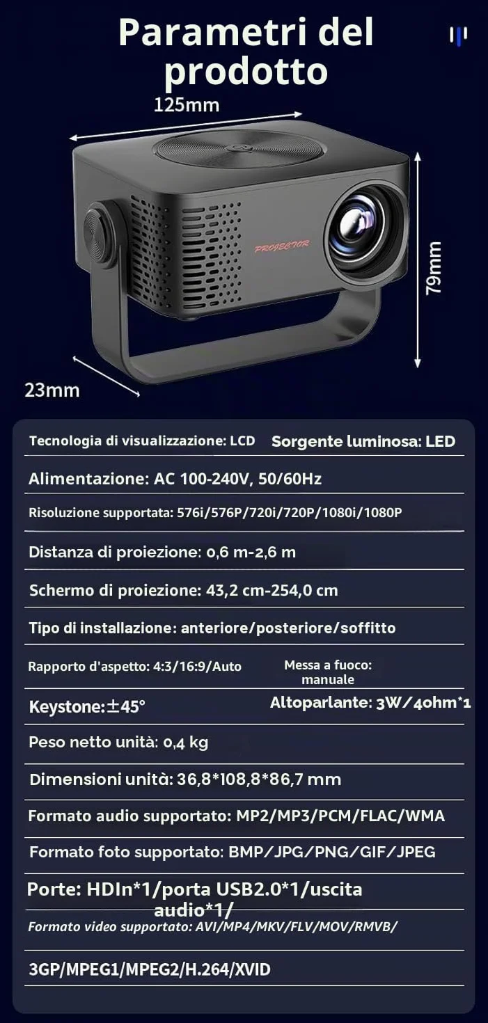 Mini Proiettore, 4K 1080P Proiettore Portatile con Zoom, Support WiFi Rotabile 360°, Video Projector TV Home Cinema per Cellulari Tablet/Laptop/PC/HDMI/USB(Nero)