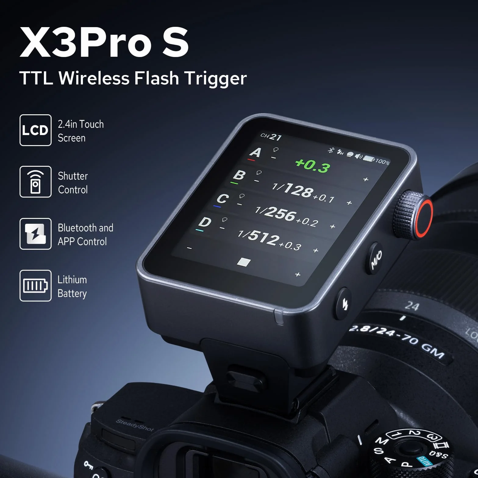 Godox X3Pro-S Trigger per Flash senza fili per Sony,2.4" Schermo touch, controllo a 16 gruppi, funzione HSS TTL TCM con 1/8000s,ricarica USB-C, durata batteria 30 giorni Flash Transmitter