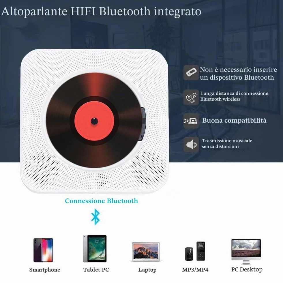 Lettore CD Portatile Bluetooth da Tavolo Montabile a Parete Altoparlanti Hifi Incorporati Boombox Audio Domestico con Telecomando (Bianco)