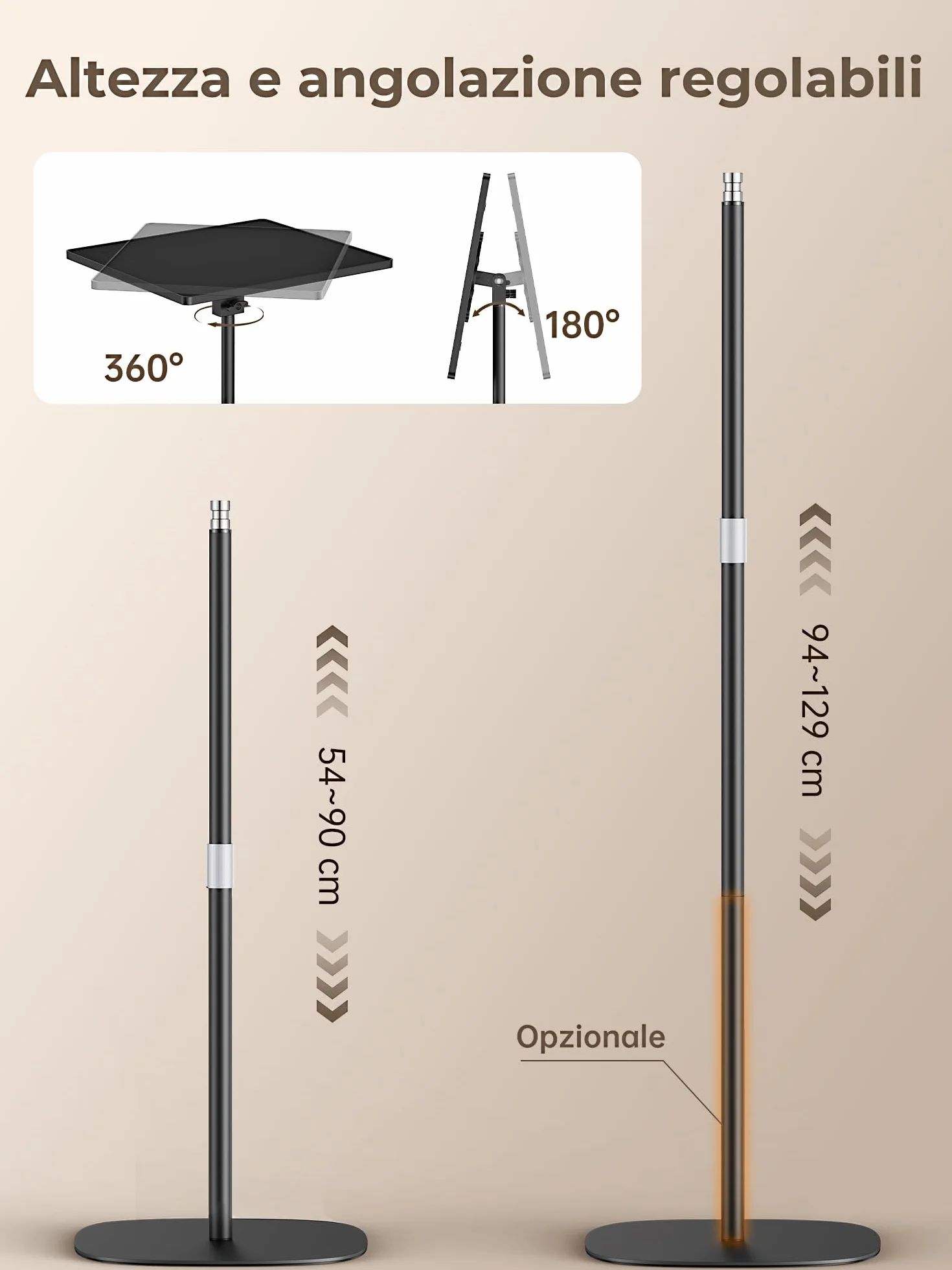 Supporto per proiettore, Regolabile in Altezza 54-129 cm, Girevole a 360°, Portata 7kg, Supporto a Pavimento Compatibile con Pico-proiettori, computer portatile, Telecamere, DV, Trail Camera