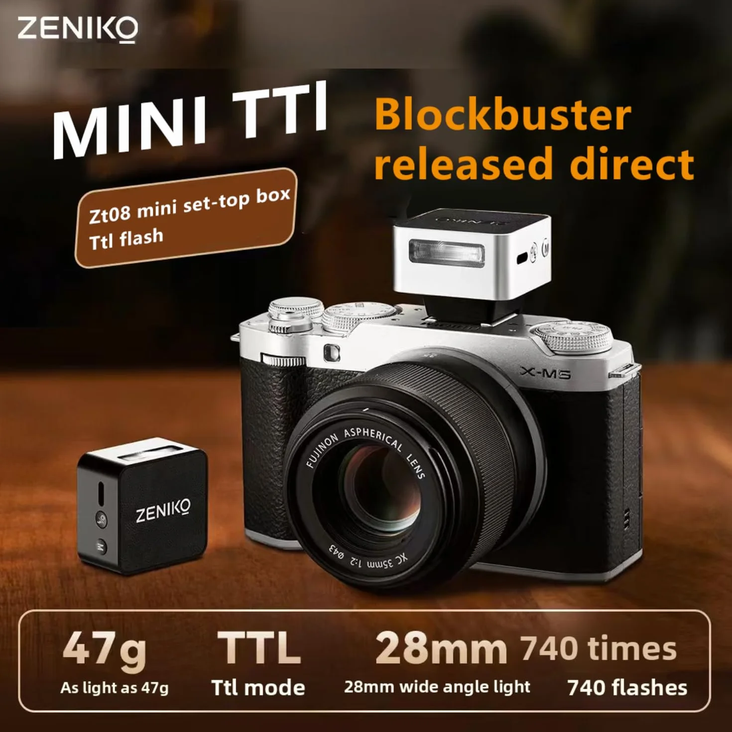 ZENIKO ZT08 F - Mini flash TTL per fotocamere Fuji da 47 g, ricarica USB-C, grandangolo da 28 mm, design retrò con display OLED, 740 flash completo, compatto e facile da viaggiare (argento)