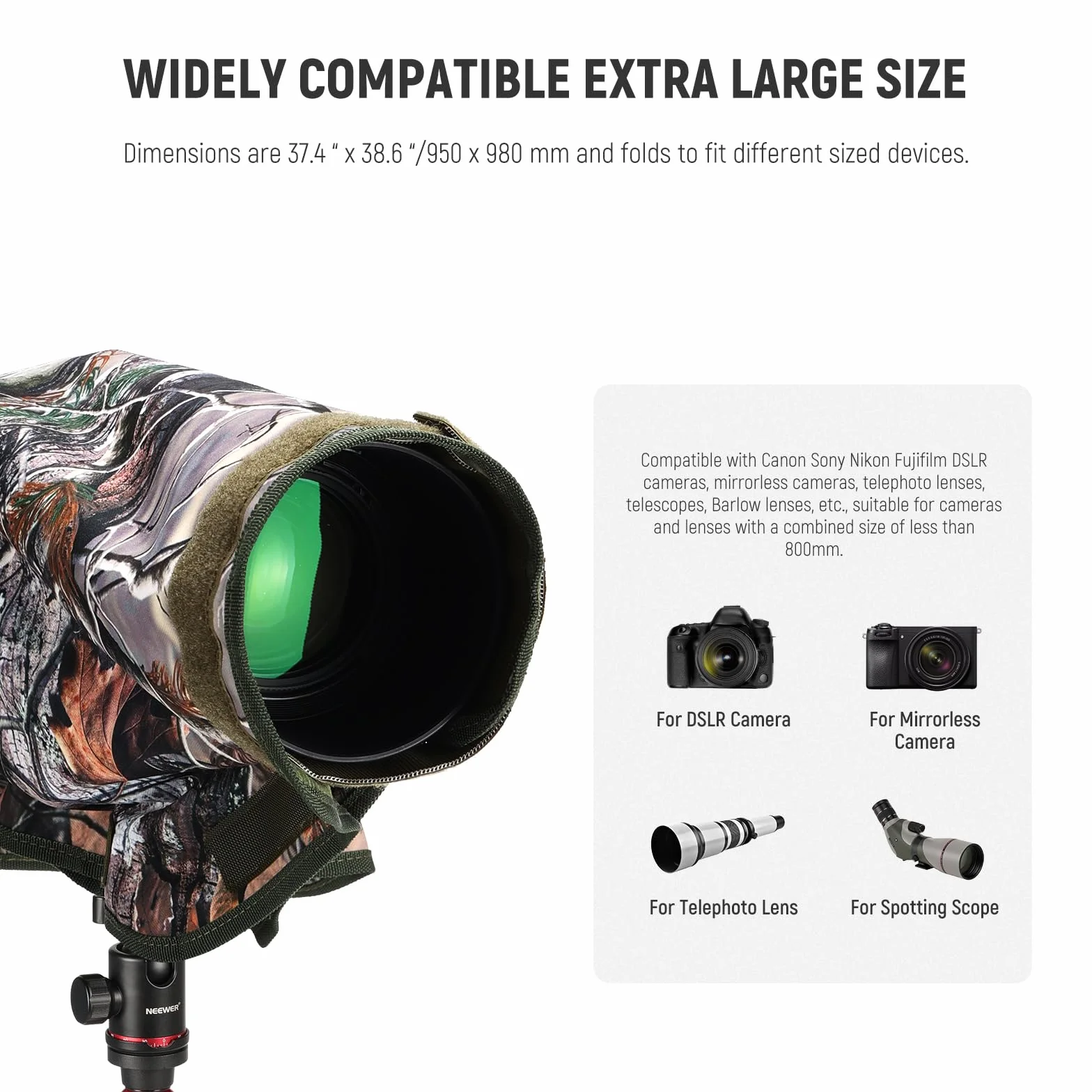 NEEWER Copertura antipioggia per fotocamera, XL, grande impermeabile, per fotocamera Canon Sony Nikon Fujifilm DSLR e obiettivi fino a 800 mm, mimetico su entrambi i lati, in nylon Tarn PB019