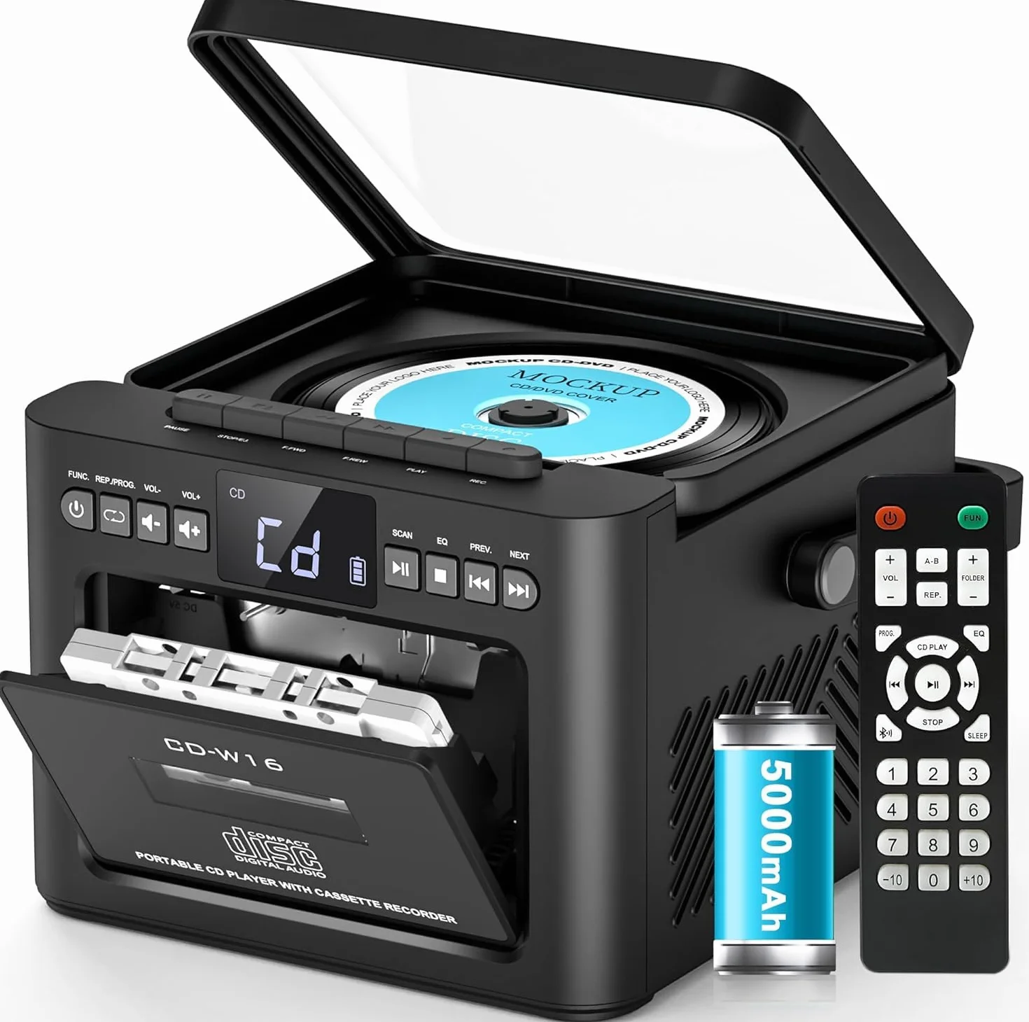Grado Lettore CD portatile Boombox ricaricabile, Bluetooth, telecomando, batteria 5000 mAh, USB, AUX, scheda TF/SD, altoparlanti stereo 5 W (grigio)
