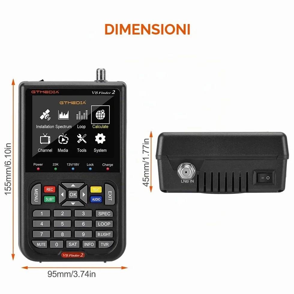 GT Media V8 FINDER2 - Localizzatore satellitare digitale e misuratore di segnale DVB-S/S2 H.264 HD 1080P con display LCD da 3,5" da 7,4 V/4000 mAh, ideale per la configurazione dell'antenna parabolica