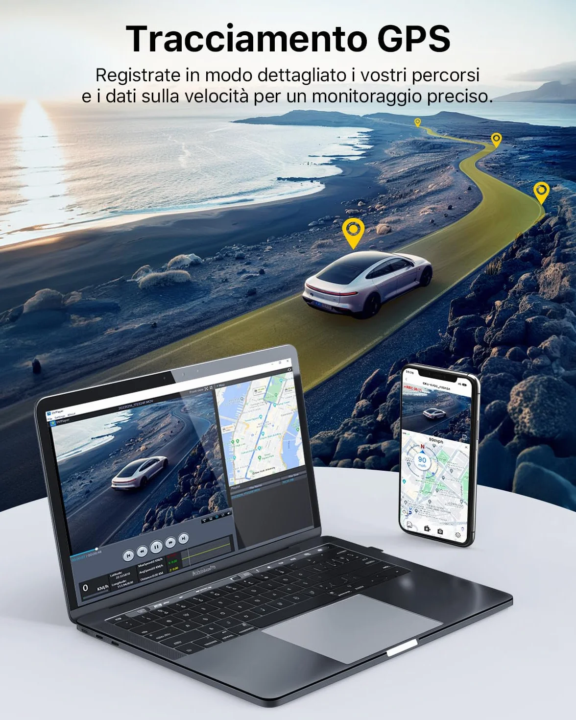 GKU dash cam auto 4K+1080P Fronte/Retro, dash cam con 5.8GHz WiFi e GPS, Touchscreen 3.18", Visione Notturna WDR, Monitor Parcheggio 24H, Sensore G, Loop Recording, Controllo App.