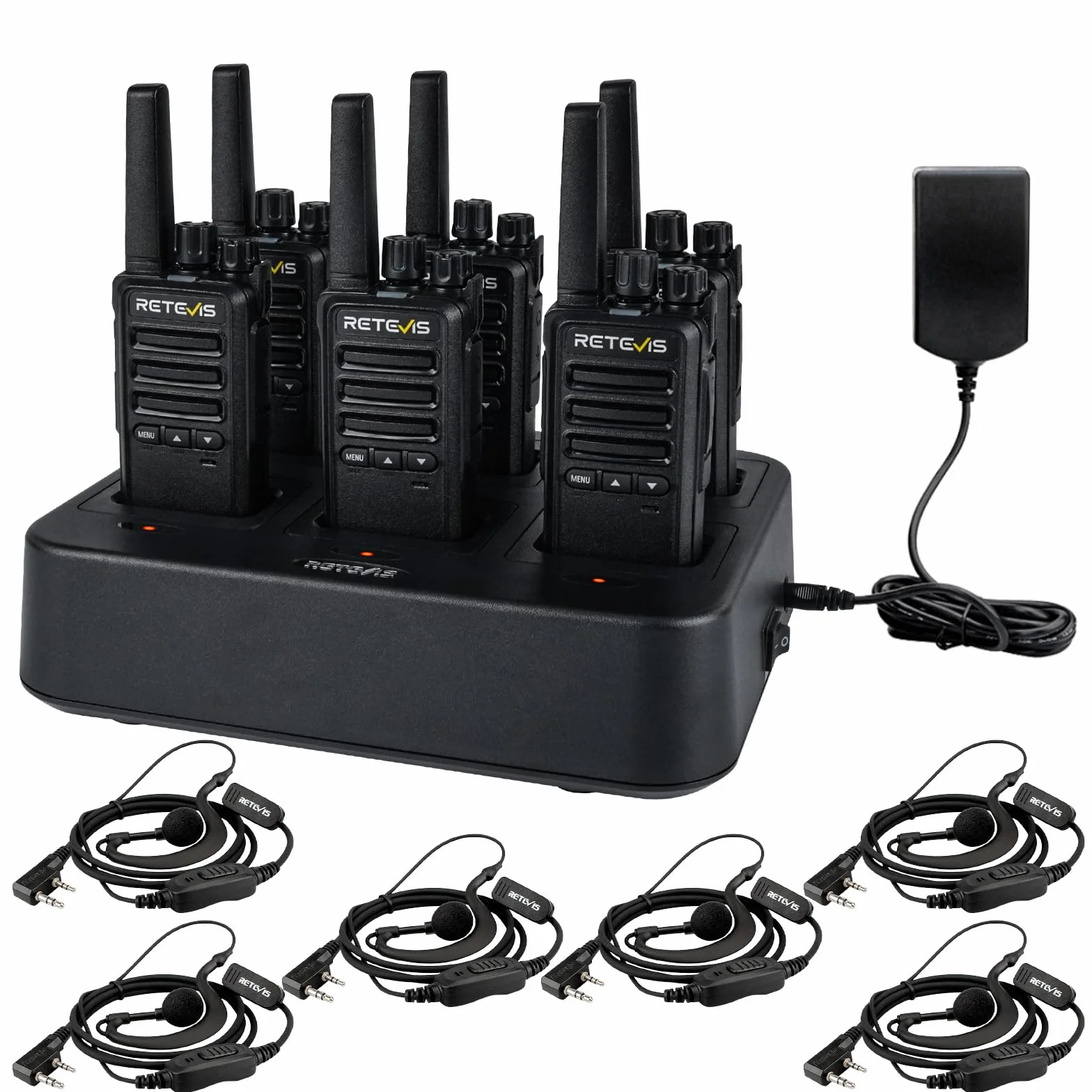 Retevis RT668B Walkie Talkie PMR446 6 Pezzi Nero con Caricatore a 6 Vie e Auricolare
