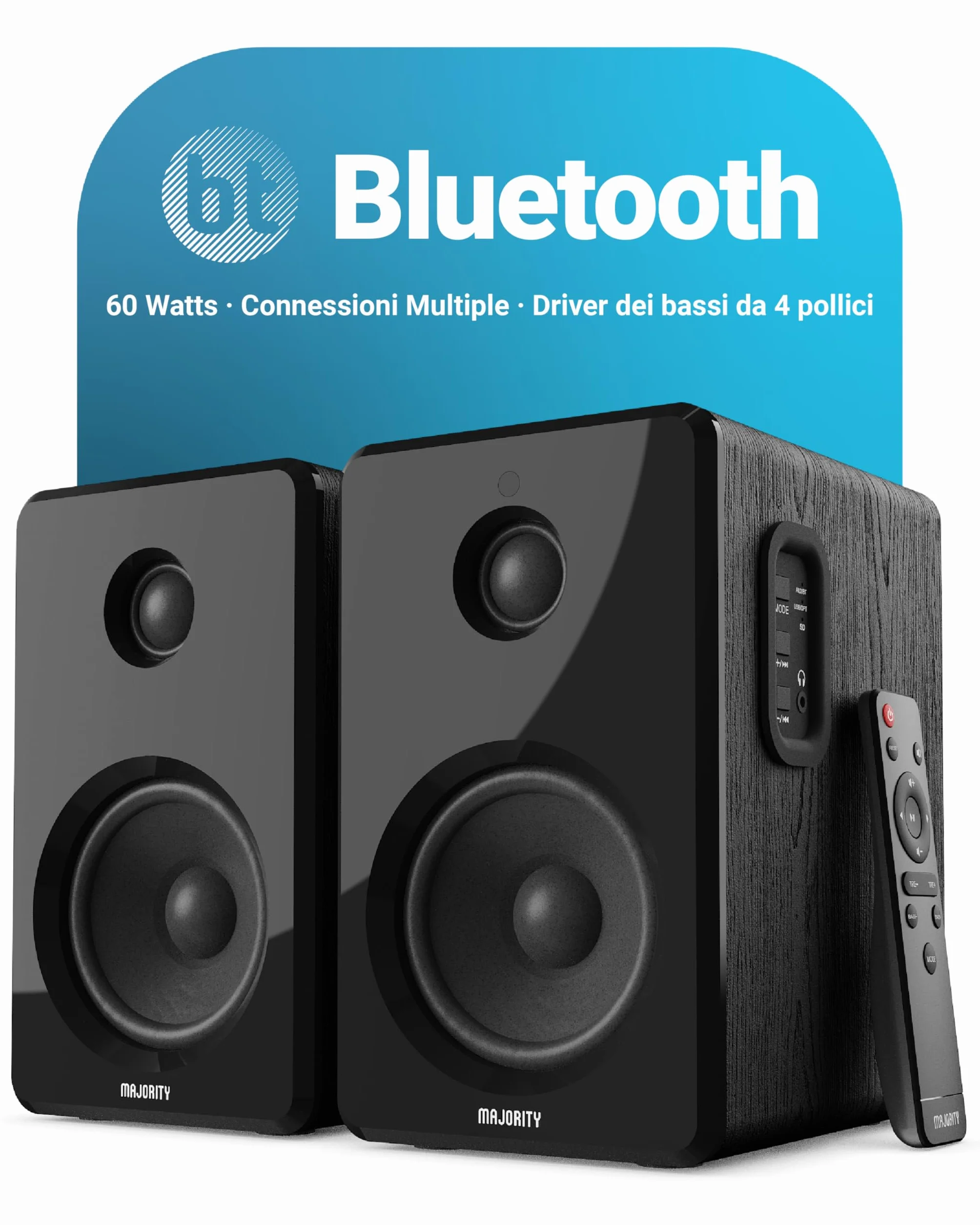 Majority 60W Casse Attive Bluetooth | Casse Acustiche HIFI con Driver da 4'' a 2.0 Canali | Altoparlante PC di Legno con Ingresso Ottico, USB e AUX per il Suono HD D40