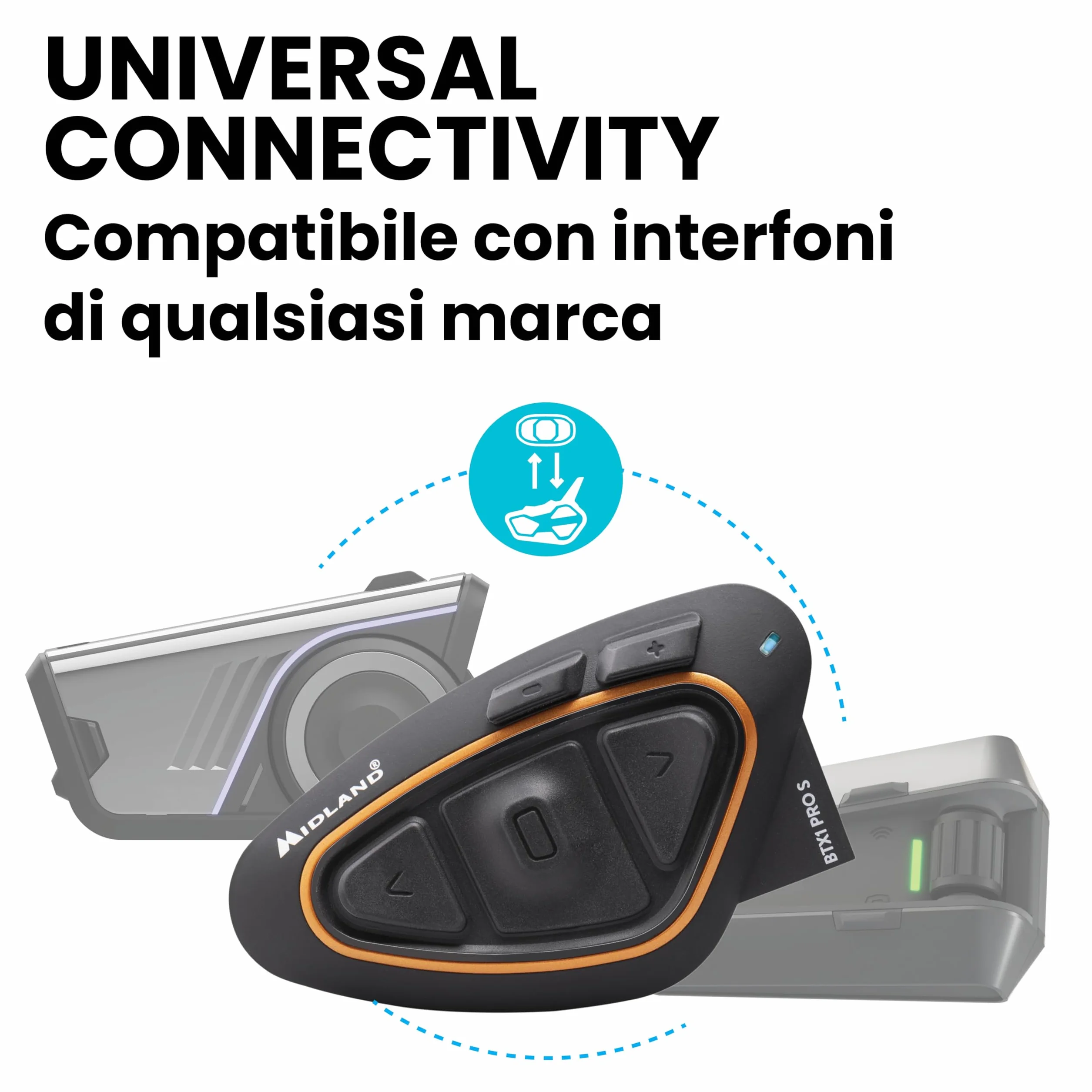 Midland - Interfono Moto Bluetooth Coppia BTX1 Pro S Twin, Auricolari Casco Moto Impermeabili IPX6, Copertura 800m Fino a 4 Persone in Conference - Batteria 23H, Cancellazione Rumore, Radio FM via App