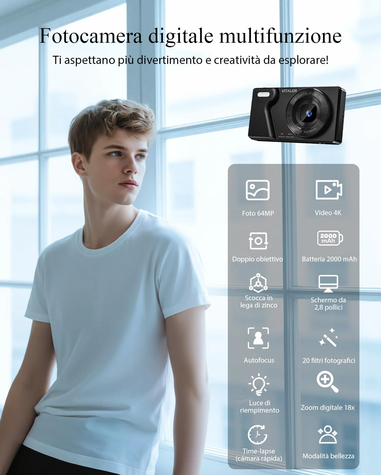 Macchina Fotografica Digitale 64MP 4K con Doppio Obiettivo,Batteria da 2000 mAh,Scocca in Lega di Zinco,Schermo LCD da 2,8",Zoom Digitale 18x per Principianti(Nero,NESSUNA SCHEDA SD)